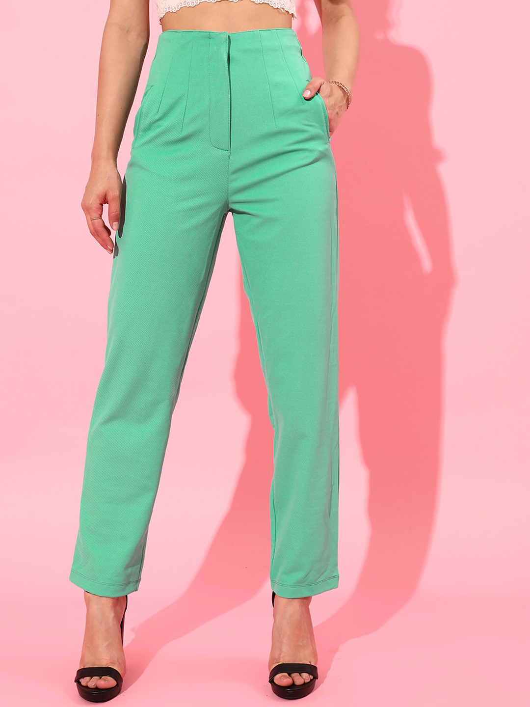 WORK IT by STREET 9 Women Green Straight Fit High-Rise Pleated Trousers