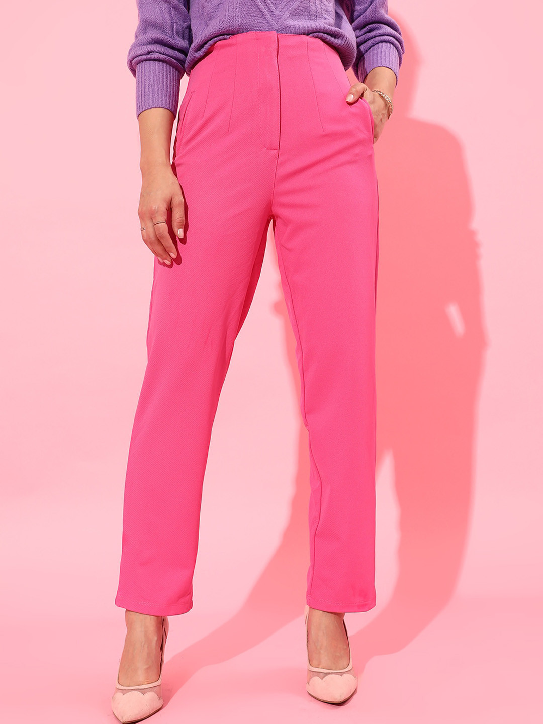 STREET 9 Women Beautiful Pink Solid Straight Fit Trousers
