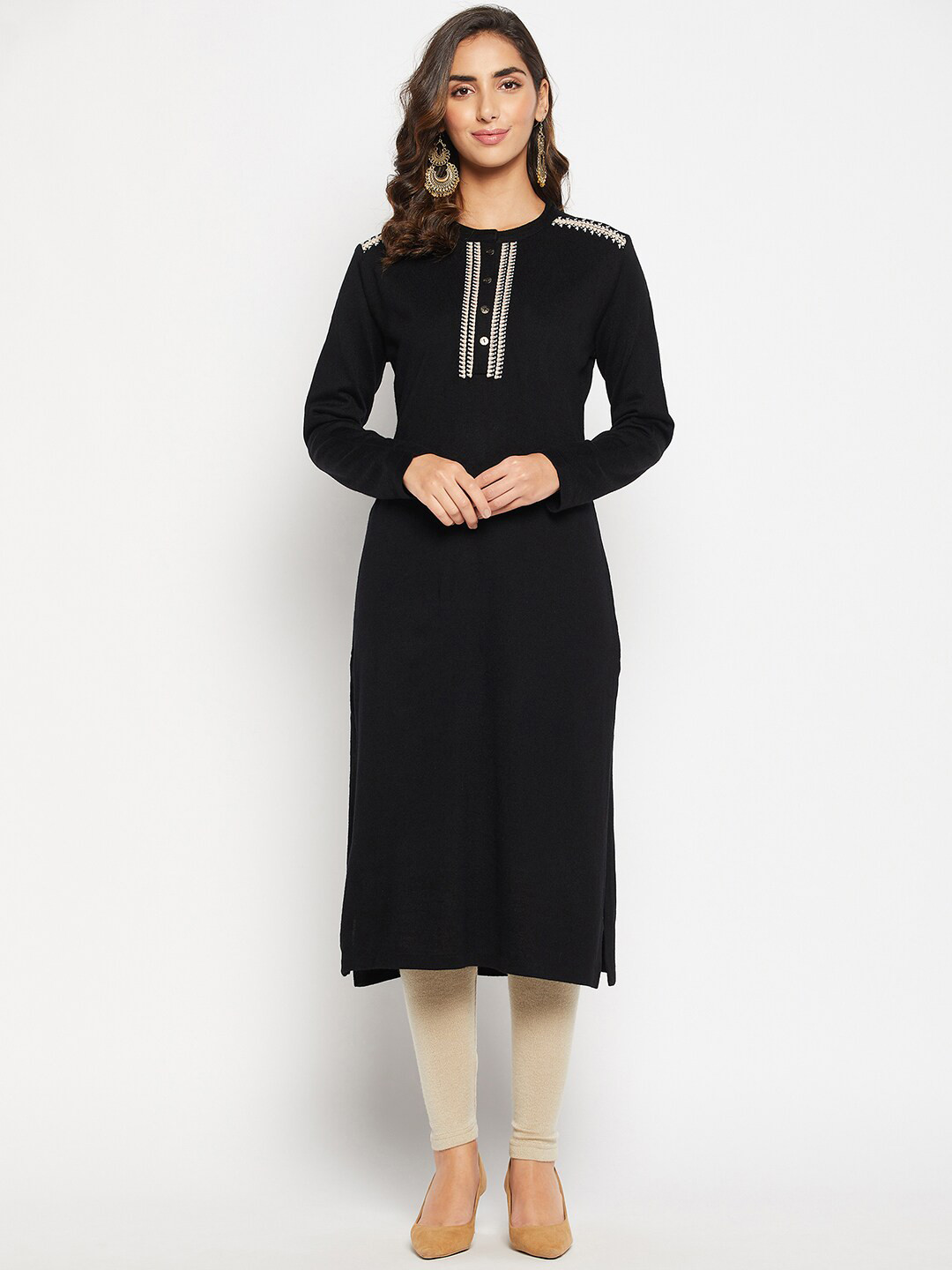 Cantabil Band Collar Long Sleeves Ribbed Straight Fit Wool Kurta