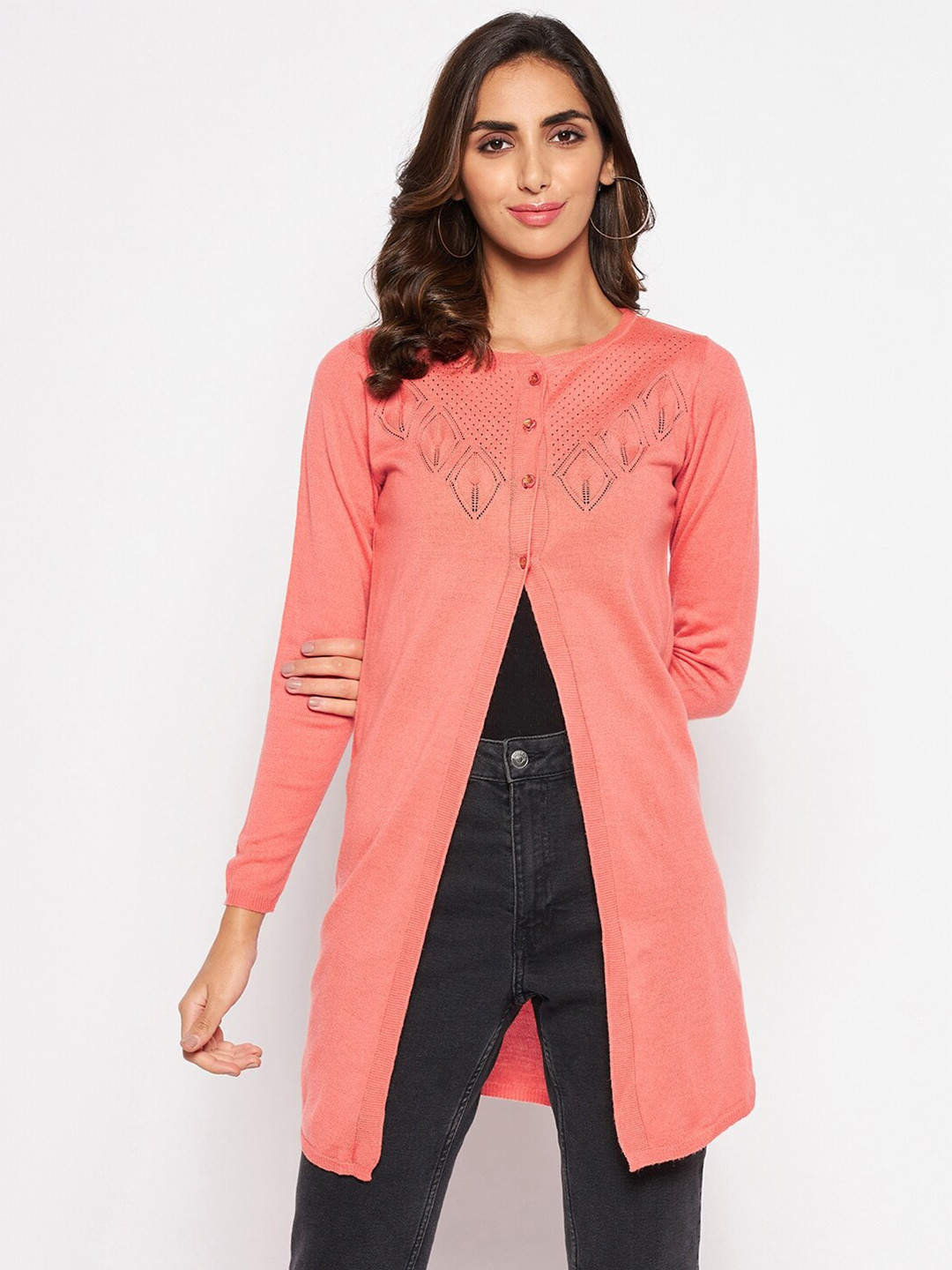 Crozo By Cantabil Women Coral Self Design Acrylic Longline Cardigan