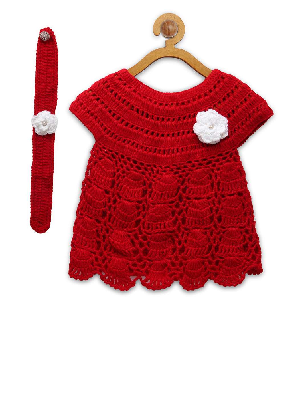 CHUTPUT Girls Maroon & White Self Design Pure Wool Jumper Dress With Headband