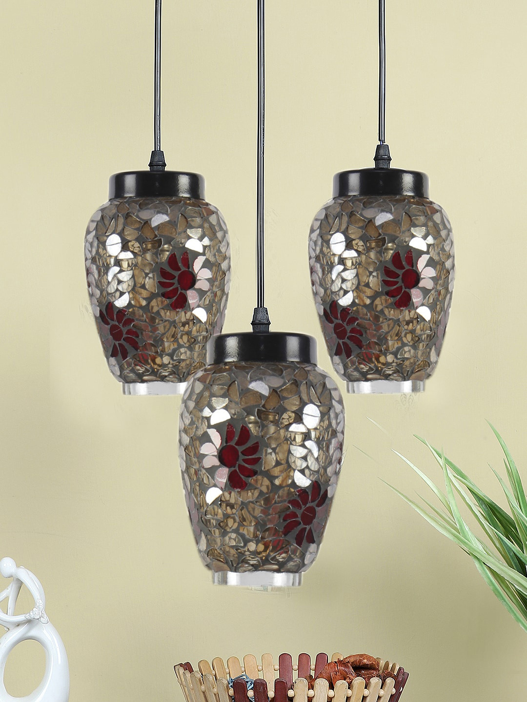Devansh Grey & Gold Printed Mosaic Glass Ceiling Lamps