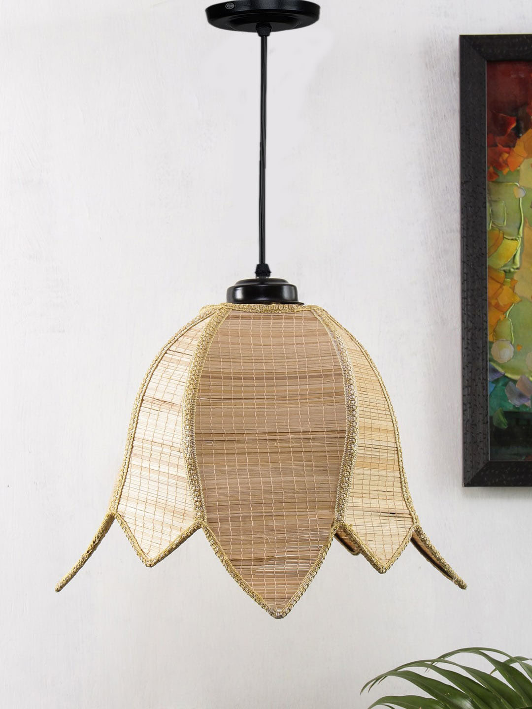 Devansh Beige Solid Lotus Bamboo Ceiling Lamp