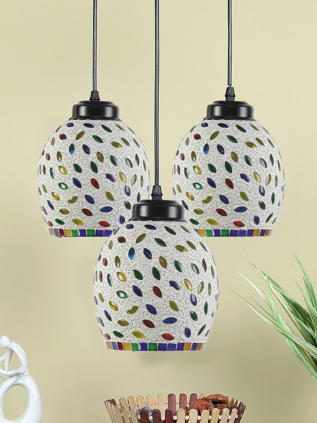 Devansh White & Blue Printed Mosaic Cluster Ceiling Lamps