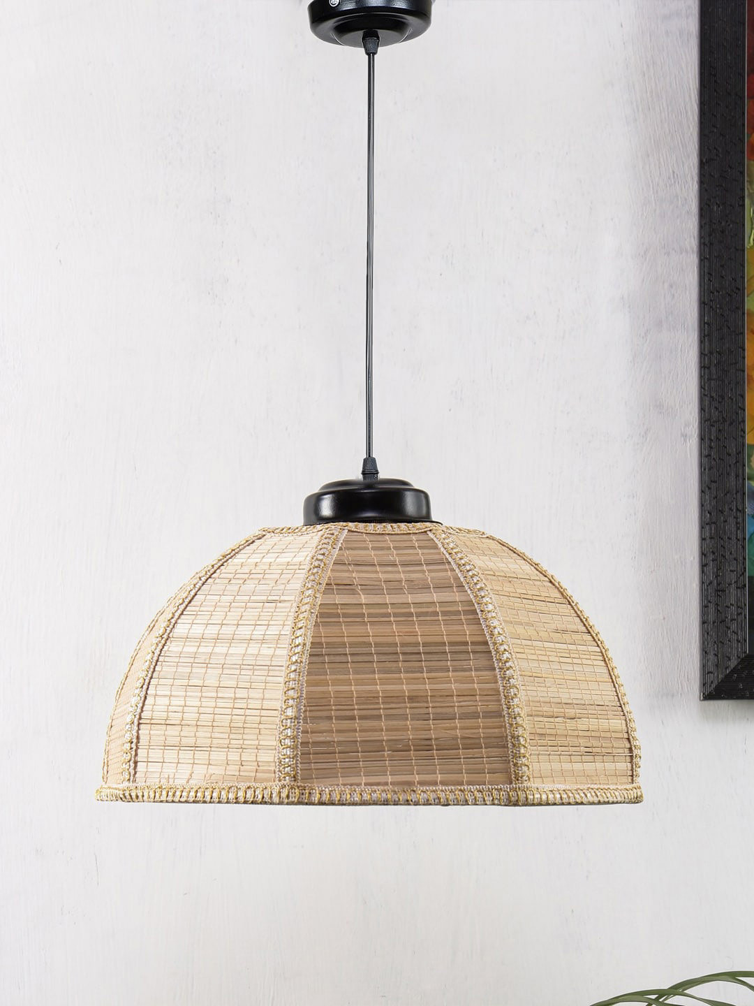 Devansh Beige & Black Solid Bamboo Umbrella Ceiling Lamp