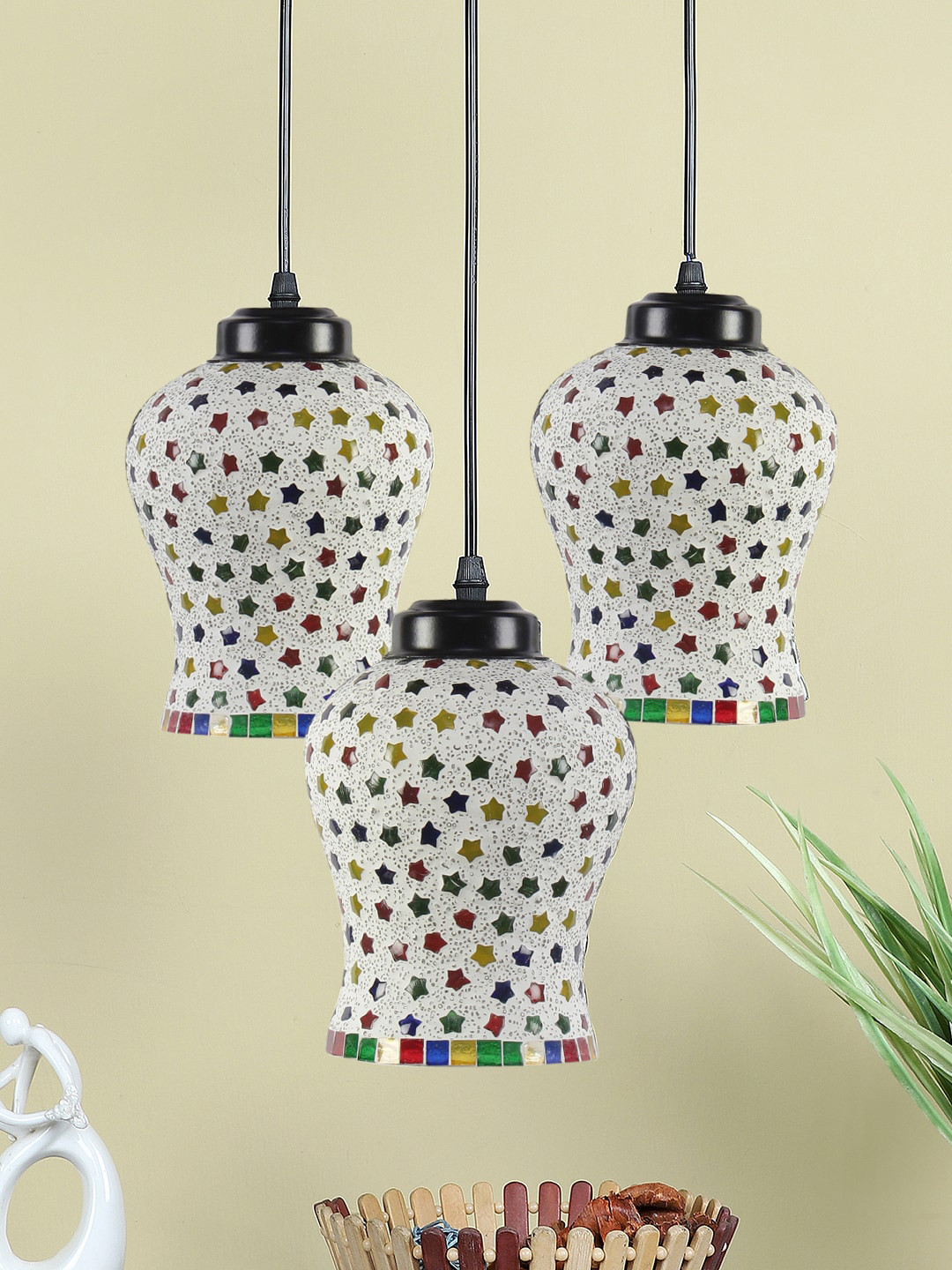 Devansh White & Green Printed Cluster Ceiling Lamps