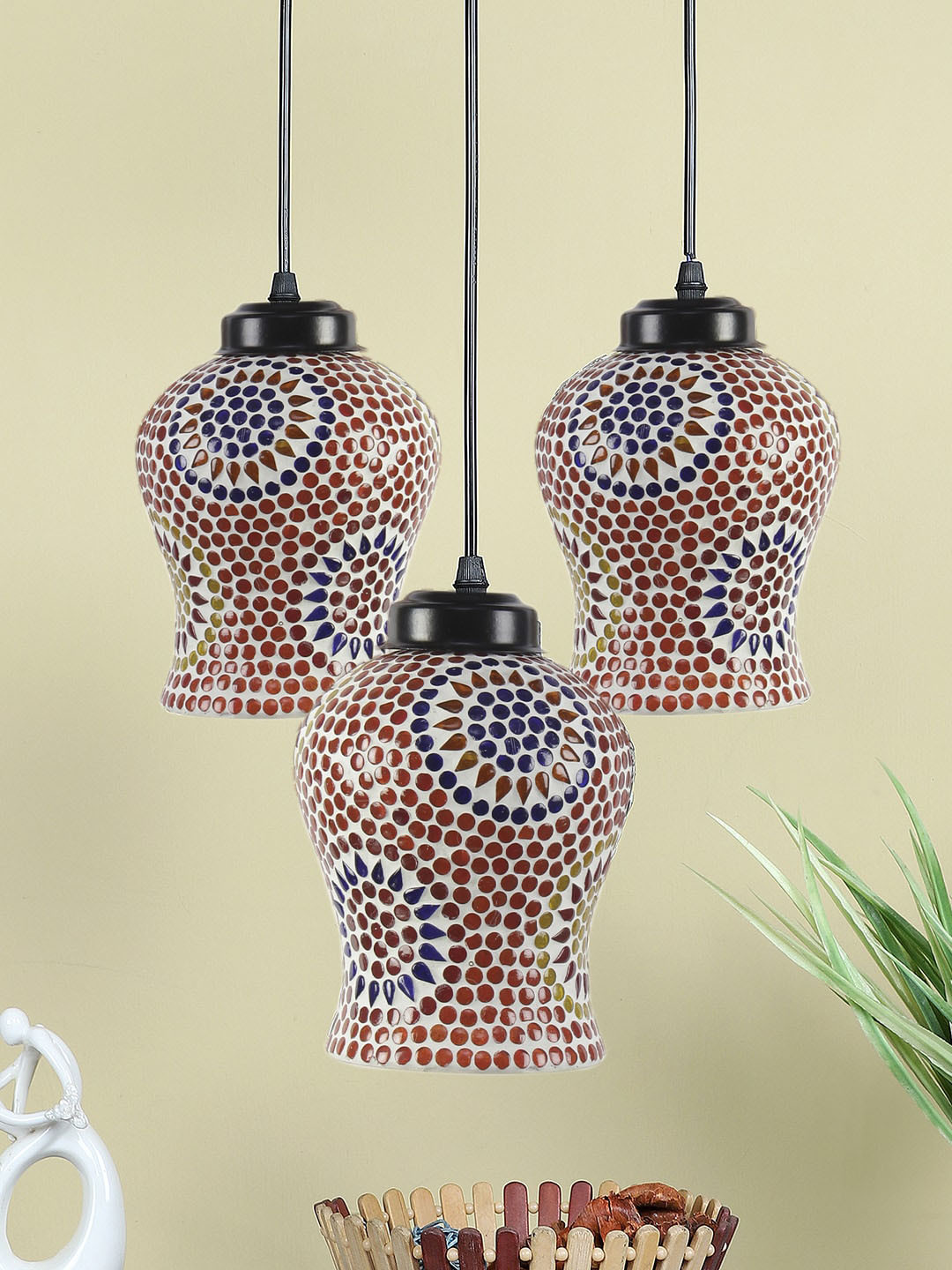 Devansh White & Blue Mosaic Glass Hanging Lamp