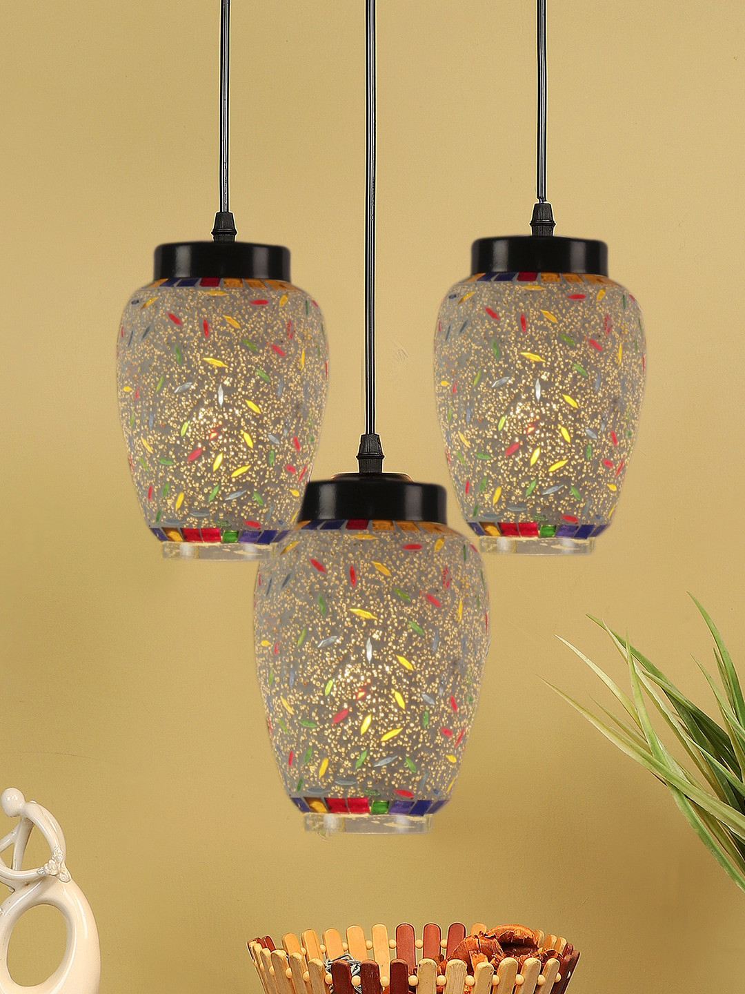 Devansh White & Yellow Mosaic Glass Hanging Lamps