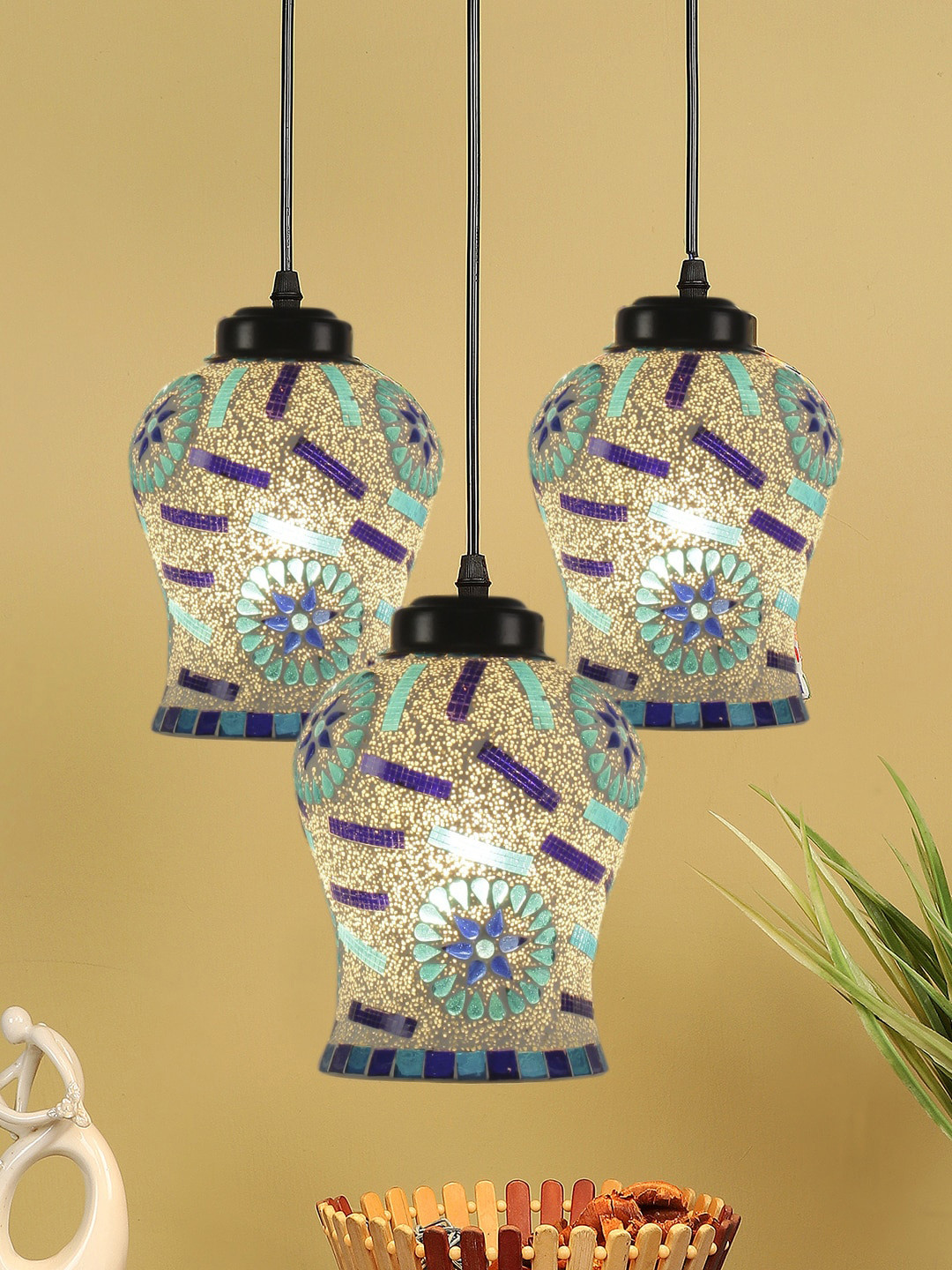 Devansh White & Blue Mosaic Glass Hanging Lamp