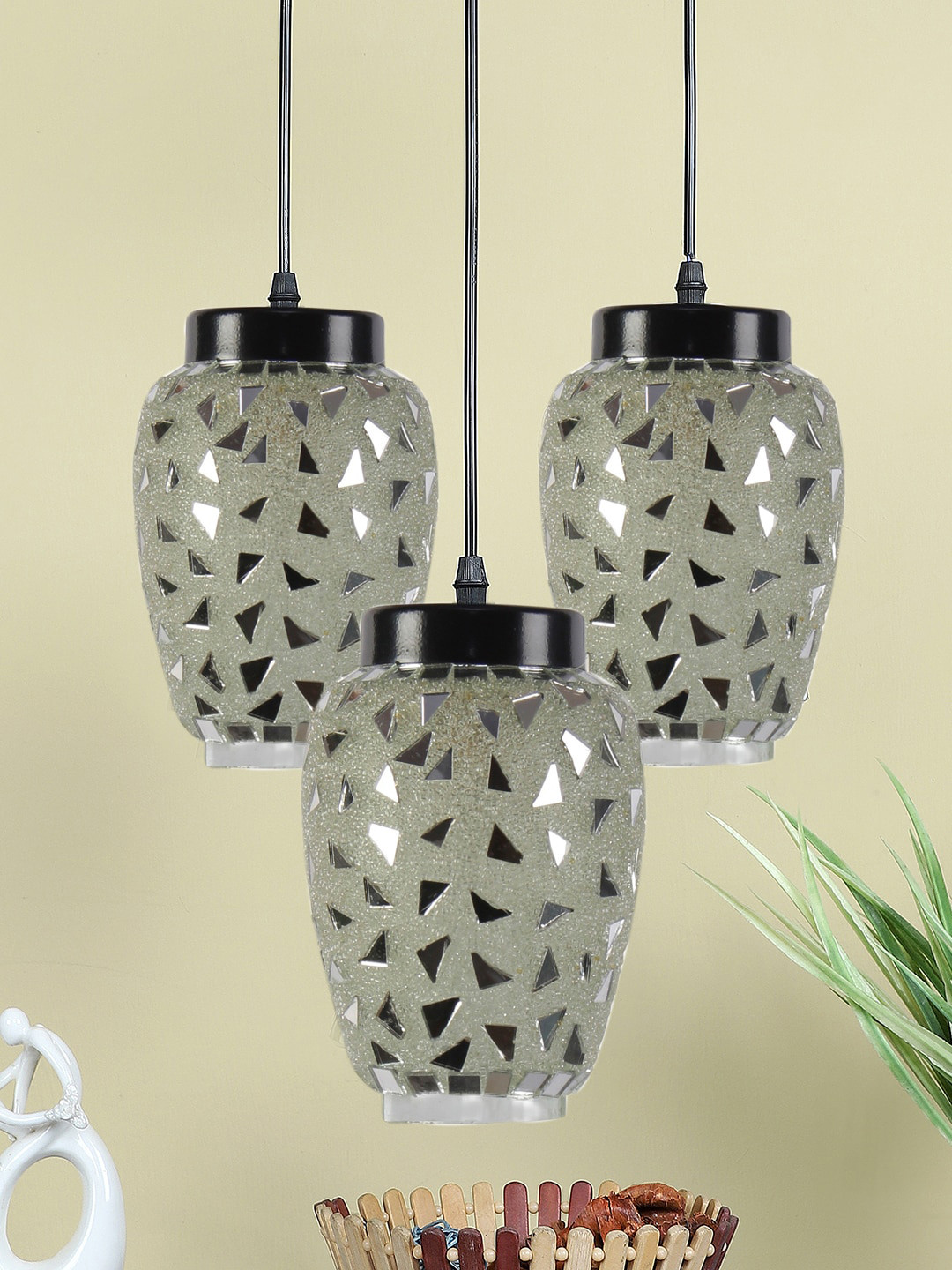 Devansh White & Silver-Toned Mosaic Glass Hanging Lamp