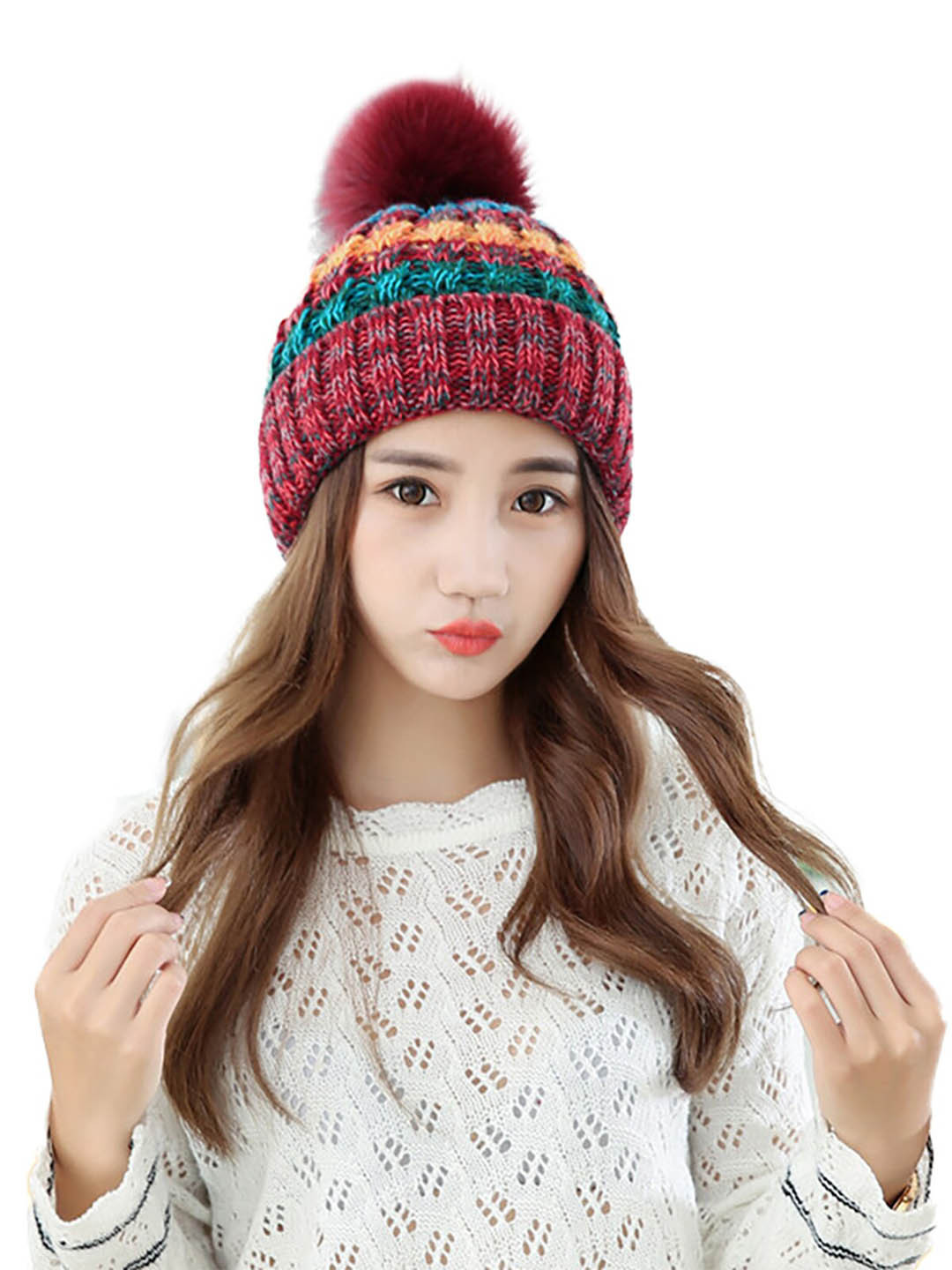 YOUSTYLO Adults Red & Blue Self Design Woolen Winter Pompom Cap