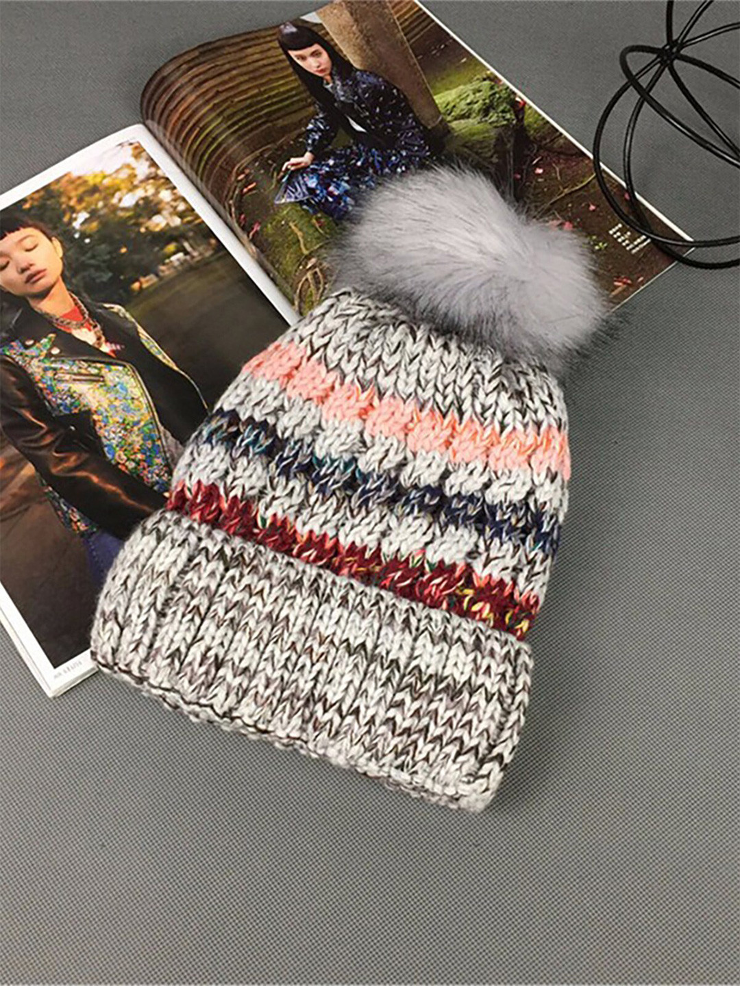 YOUSTYLO Adults Grey & Maroon Self Design Woolen Winter Pompom Cap