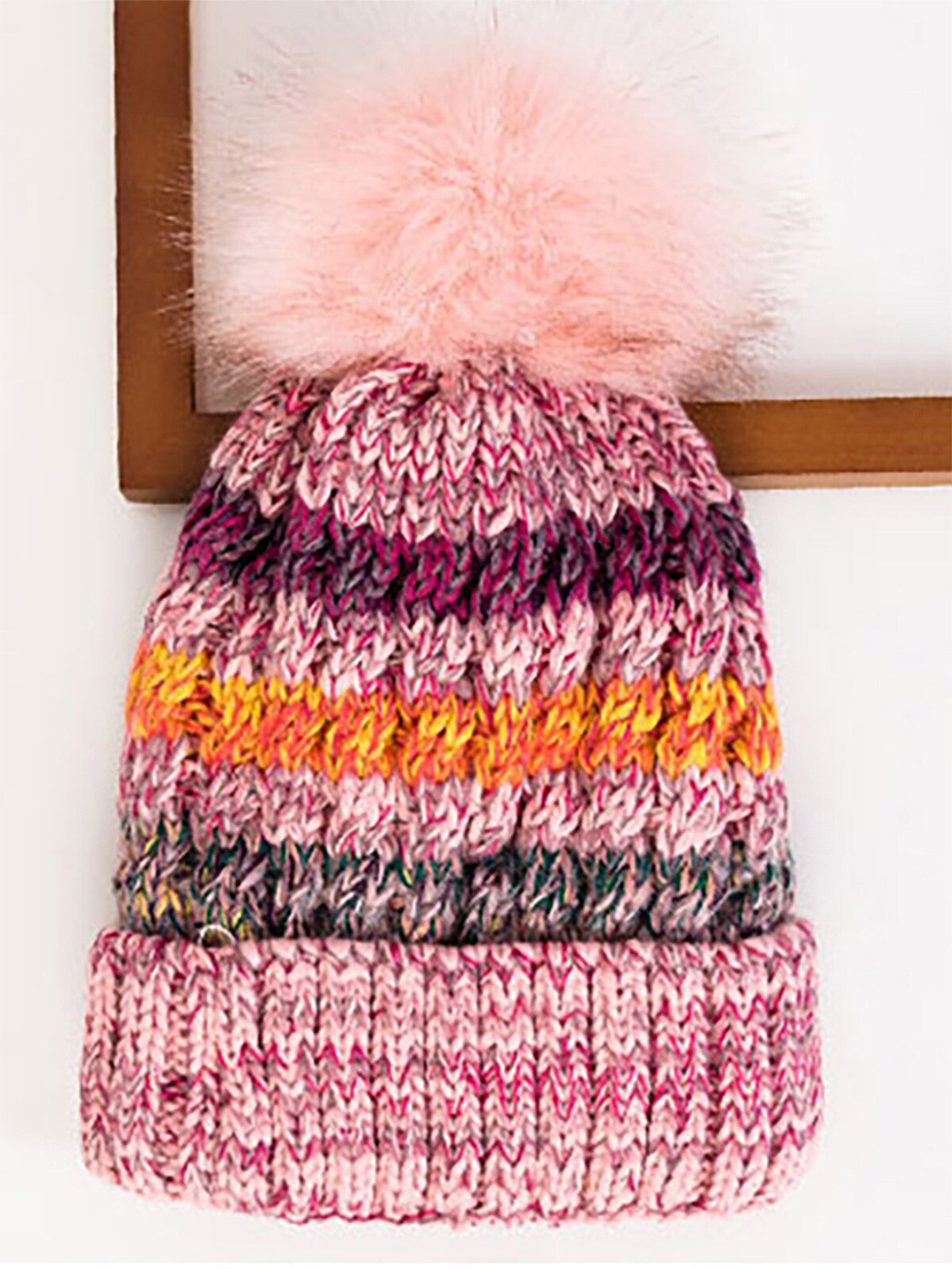 YOUSTYLO Adults Pink & Yellow Self Design Woolen Winter Pompom Cap