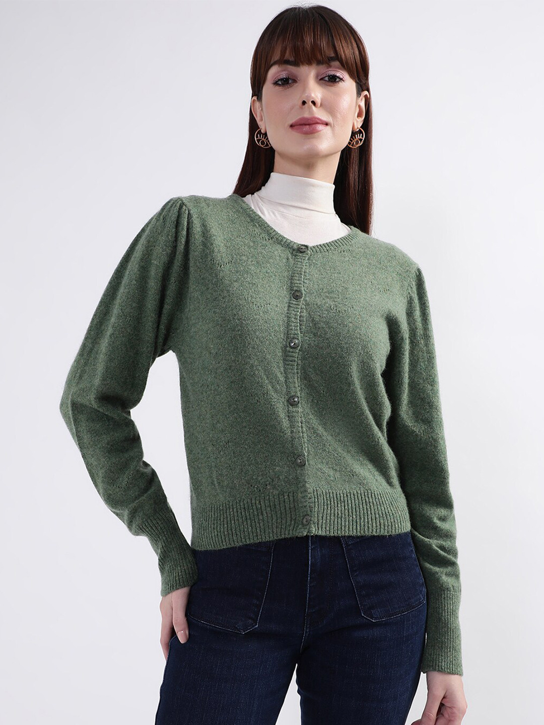 ROOTED Women Green Solid Cardigan