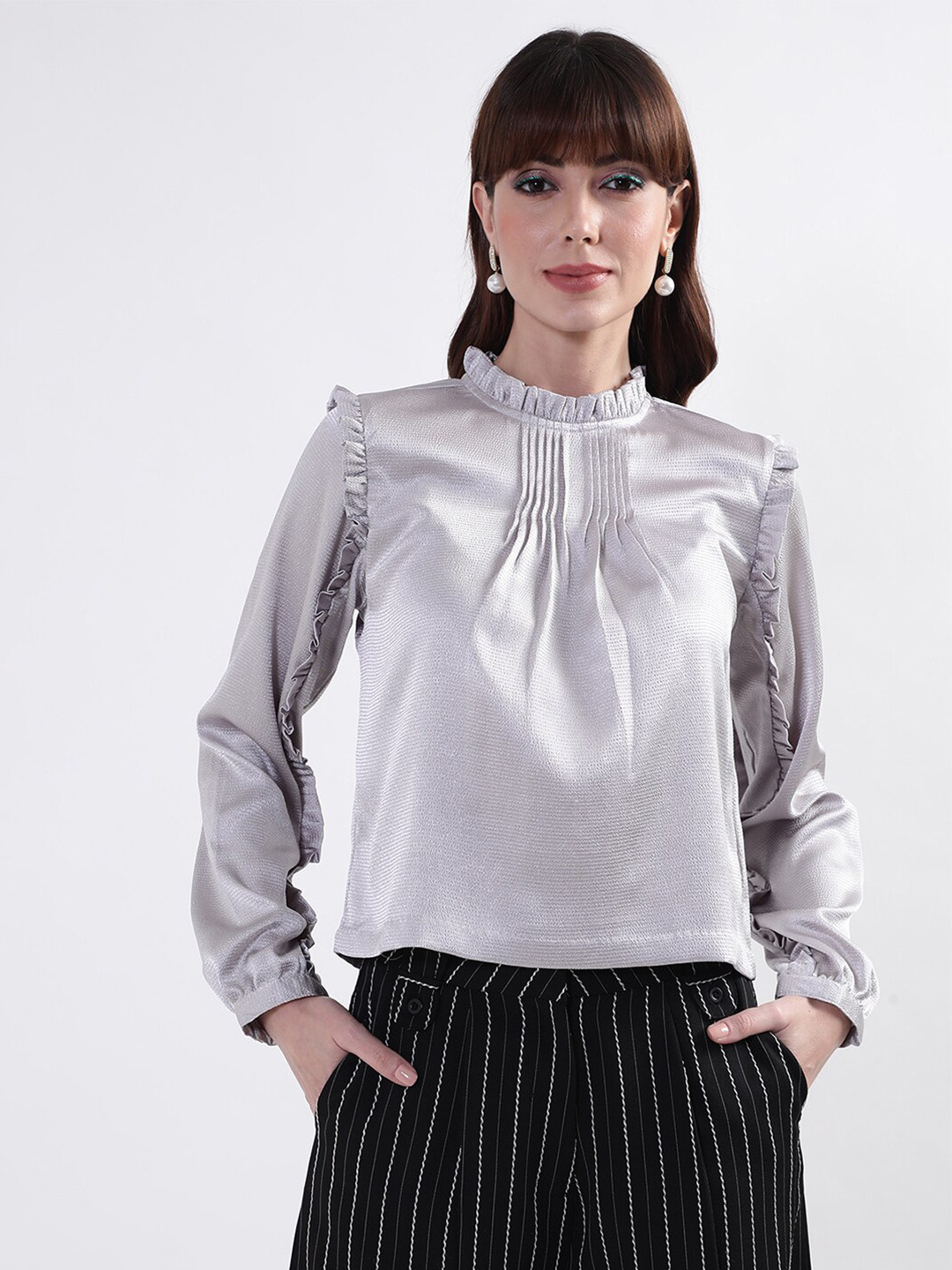 CENTRESTAGE Grey Solid Ruffles Top