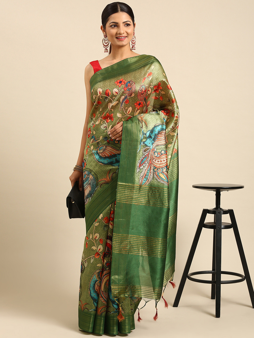 VISHNU WEAVES Green & Red Kalamkari Tussar Saree
