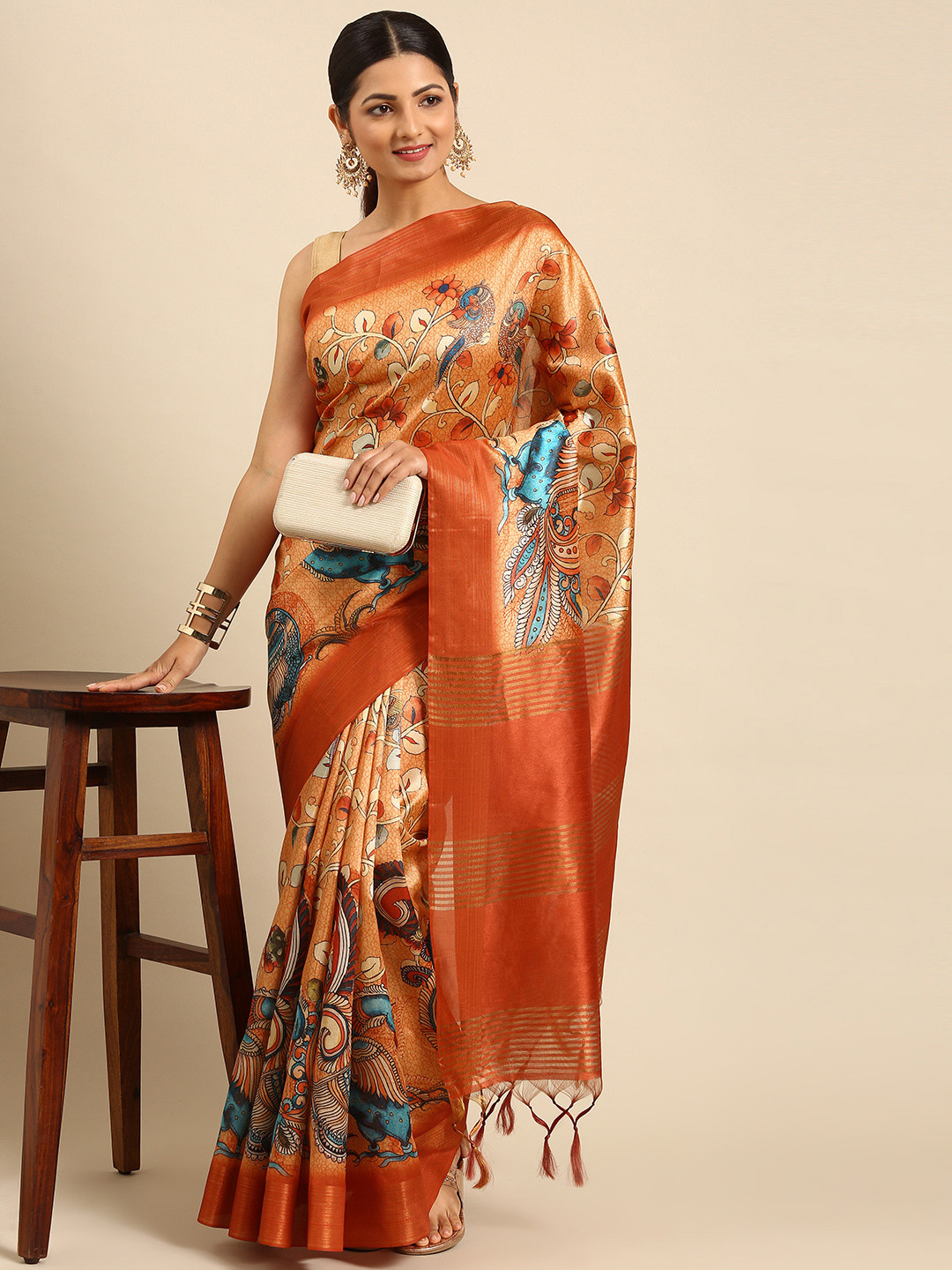 VISHNU WEAVES Orange & Blue Floral Print Tussar Saree