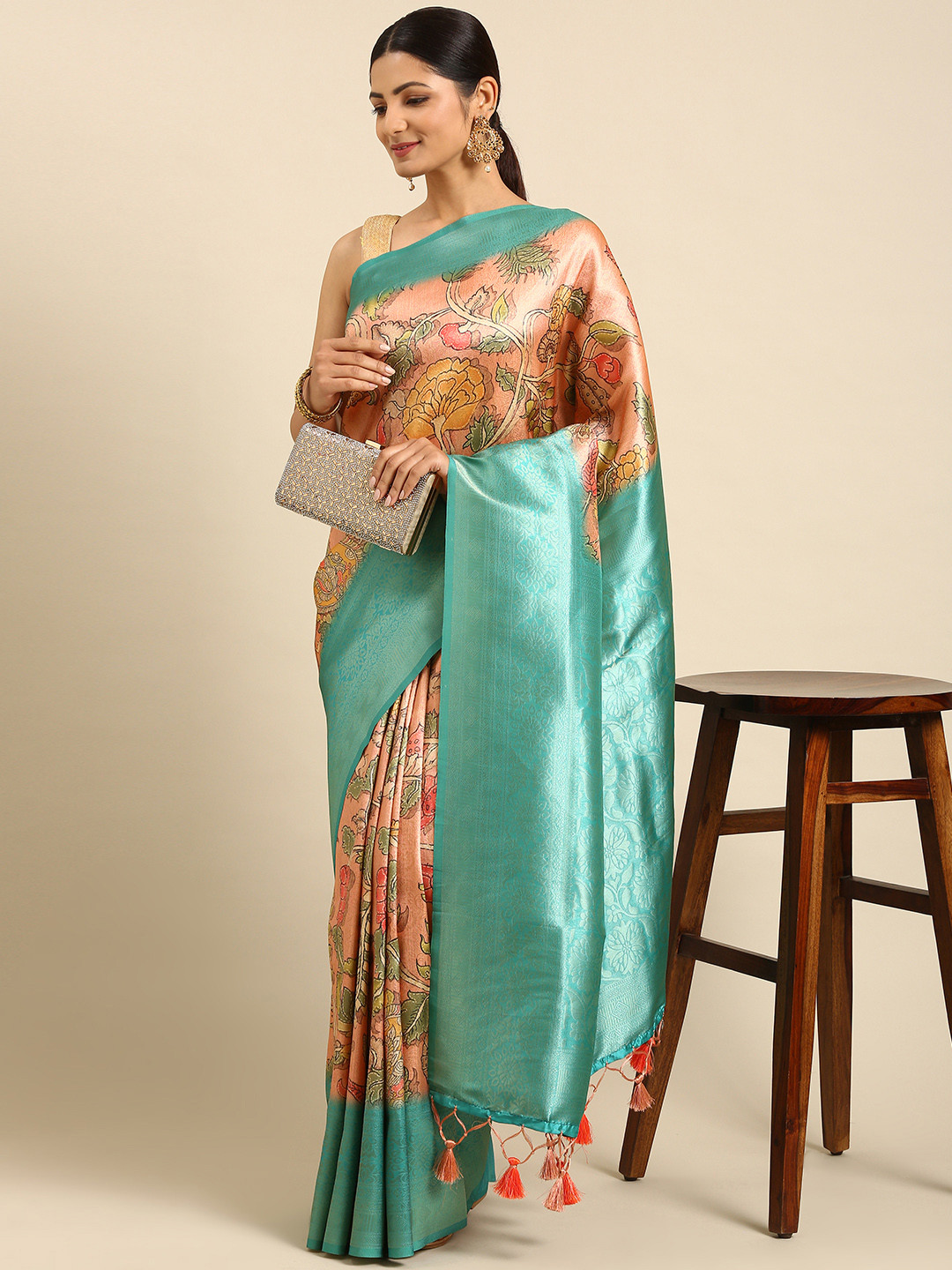 VISHNU WEAVES Peach-Coloured & Turquoise Blue Kalamkari Zari Silk Blend Banarasi Saree