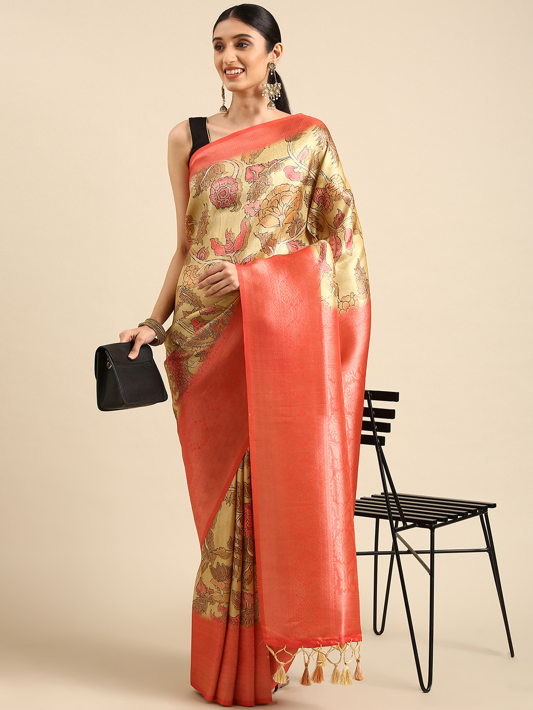 VISHNU WEAVES Yellow & Pink Kalamkari Print Banarasi Saree