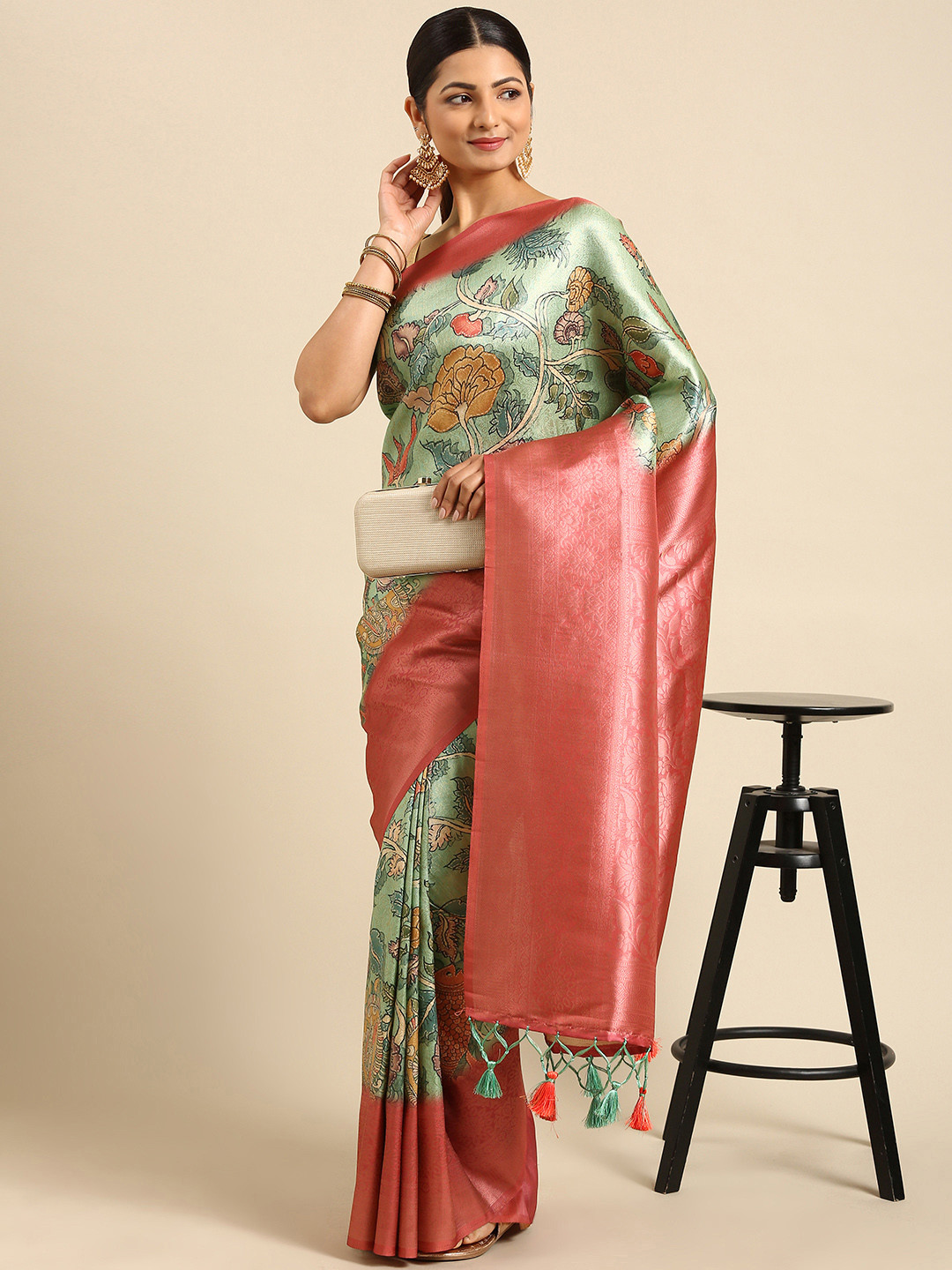 VISHNU WEAVES Green & Pink Kalamkari Silk Blend Banarasi Saree