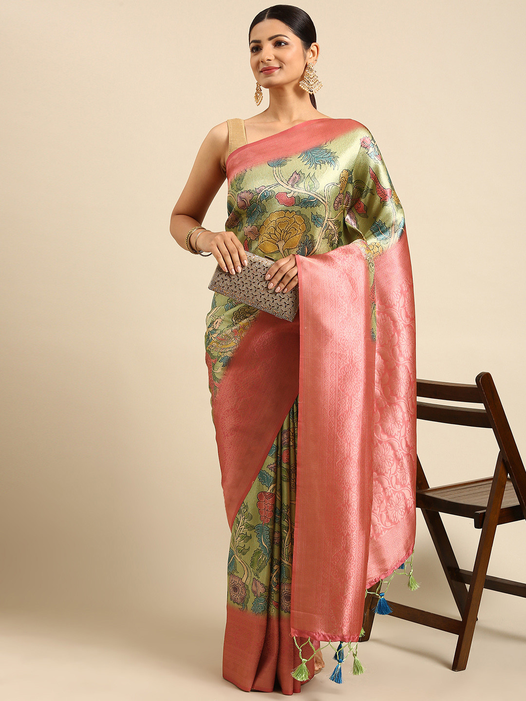 VISHNU WEAVES Pink & Green Kalamkari Silk Blend Banarasi Saree
