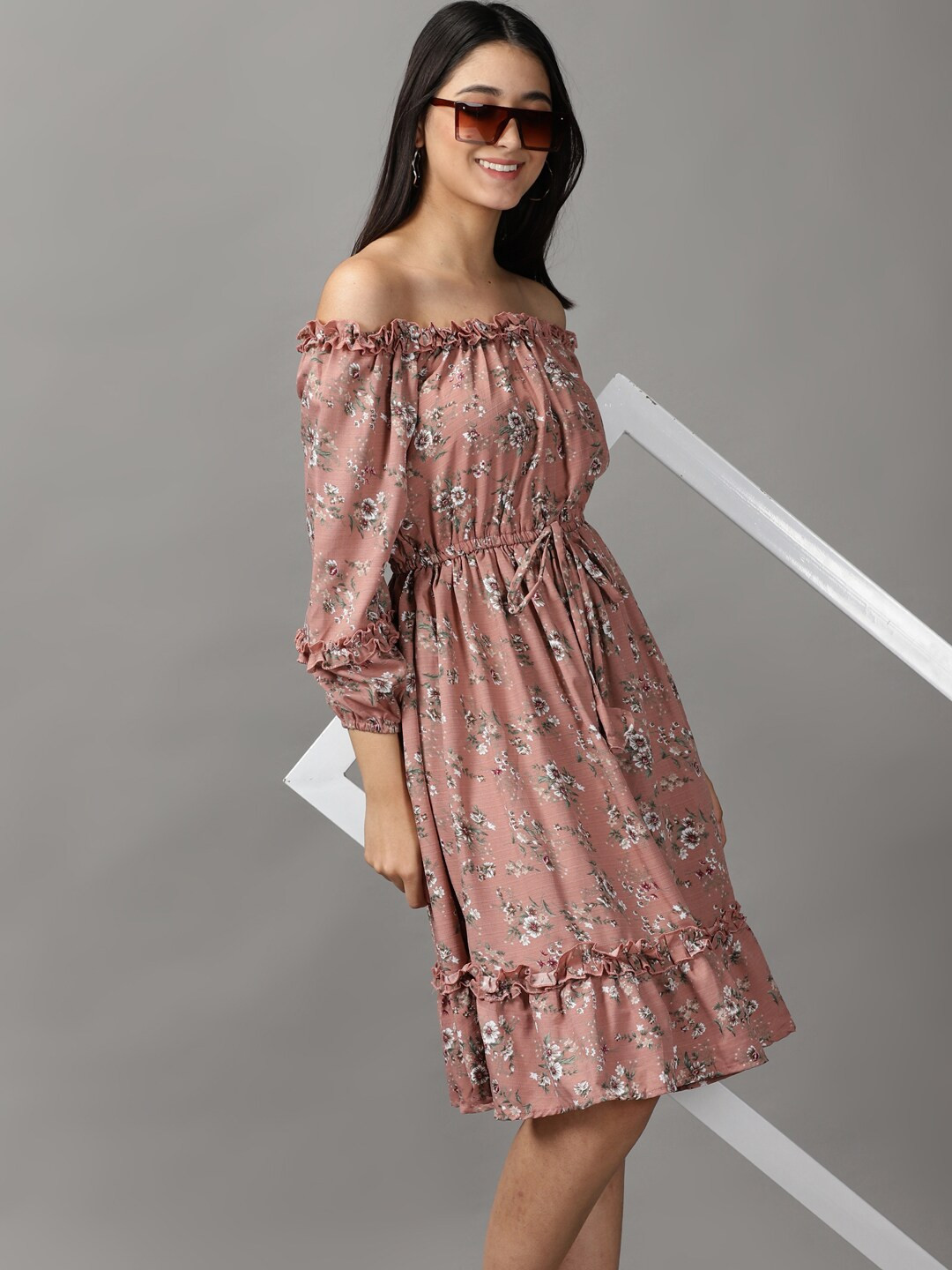 SHOWOFF Mauve & Grey Floral Off-Shoulder Dress