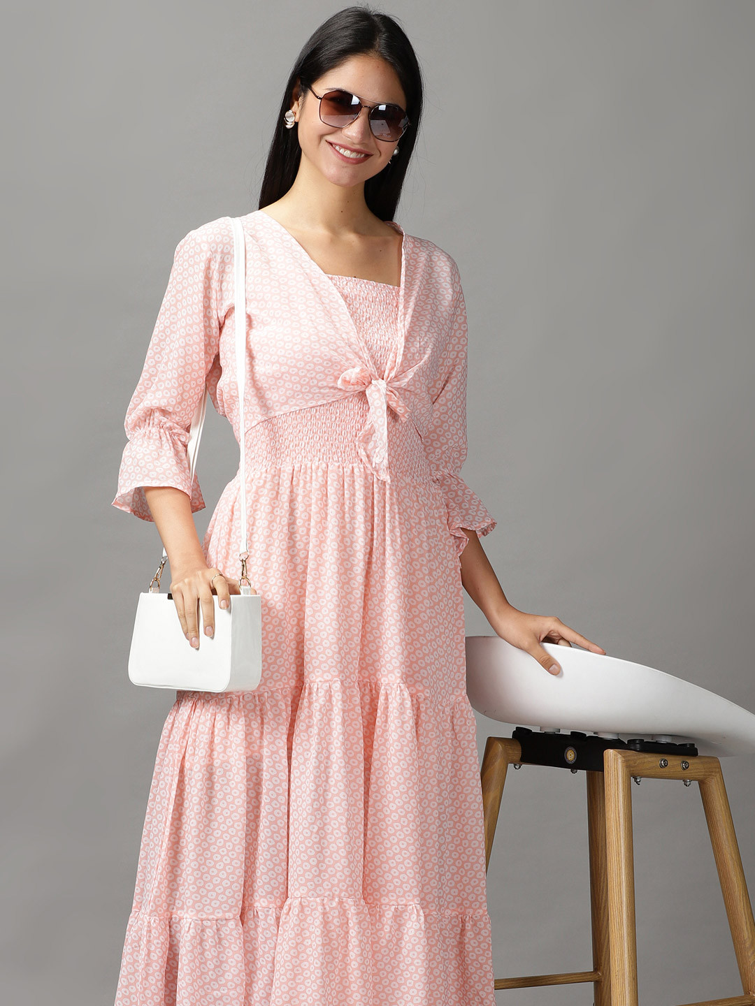 SHOWOFF Peach-Coloured Layered Chiffon Maxi Midi Dress