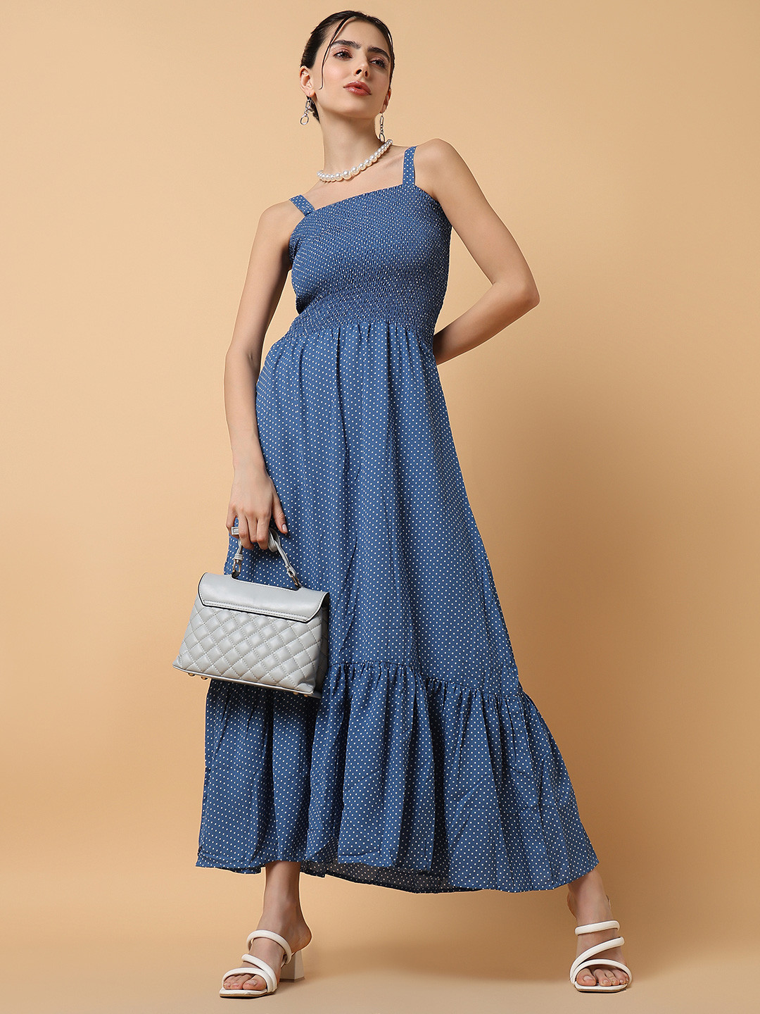 SHOWOFF Women Blue & White Polka Dot Midi Dress