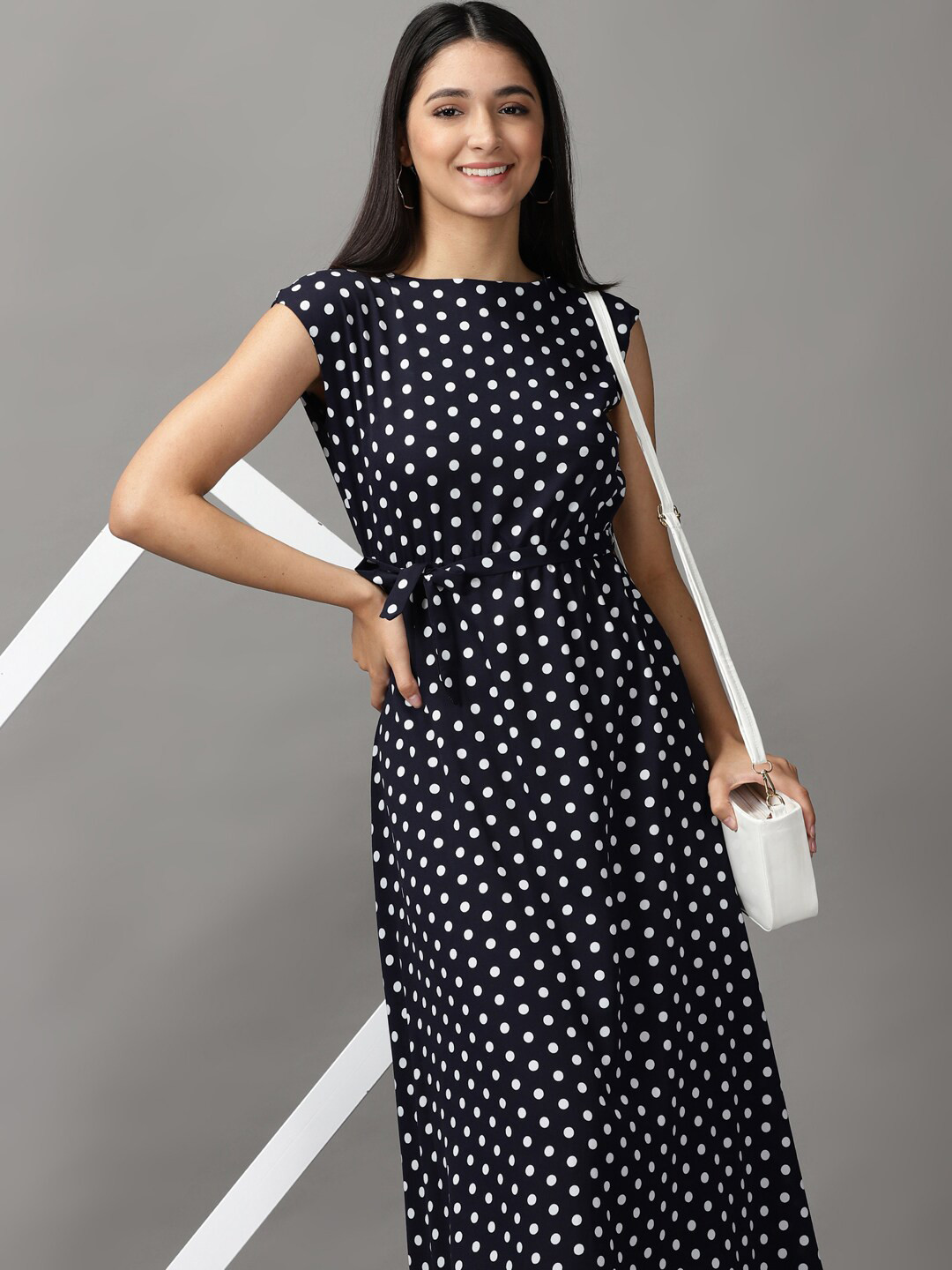 SHOWOFF Women Navy Blue & White Chiffon Midi Polka Dots Dress