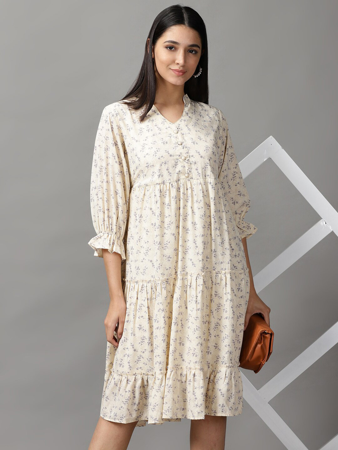 SHOWOFF Women Cream-Coloured & Grey Chiffon A-Line Dress
