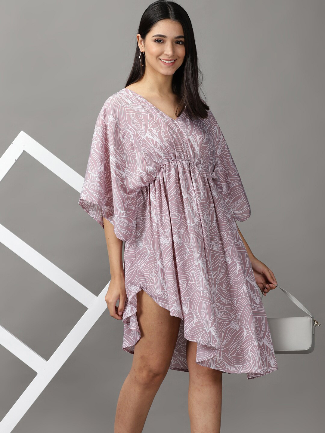 SHOWOFF Women Mauve & White Chiffon A-Line Dress