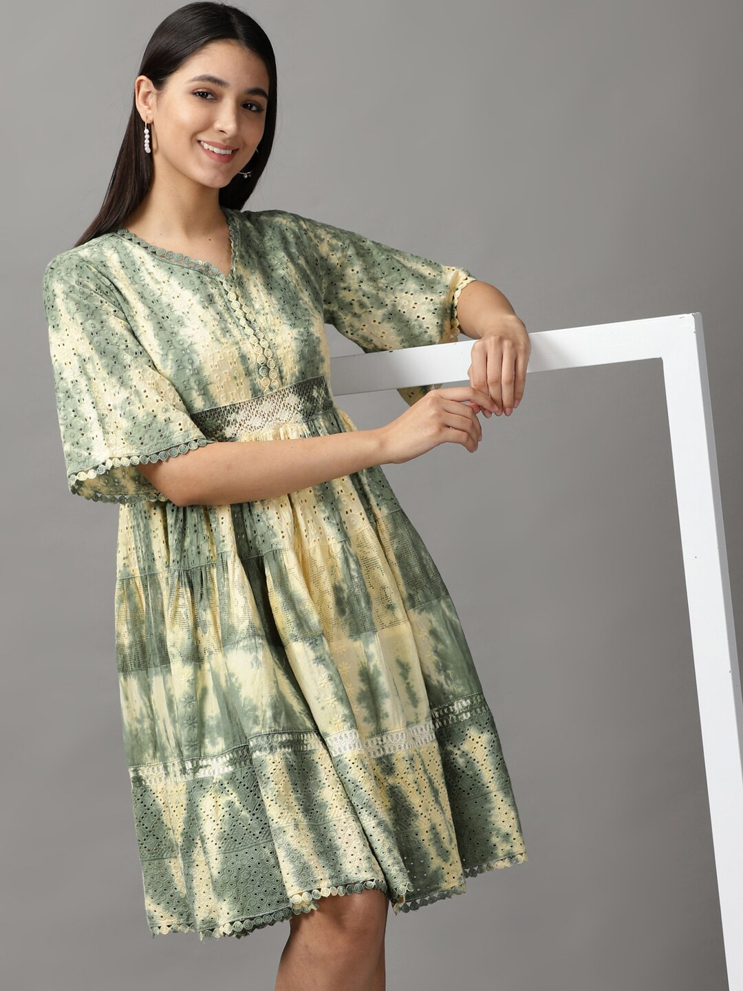 SHOWOFF Women Olive Green & Yellow Tie and Dye Dyed Dress