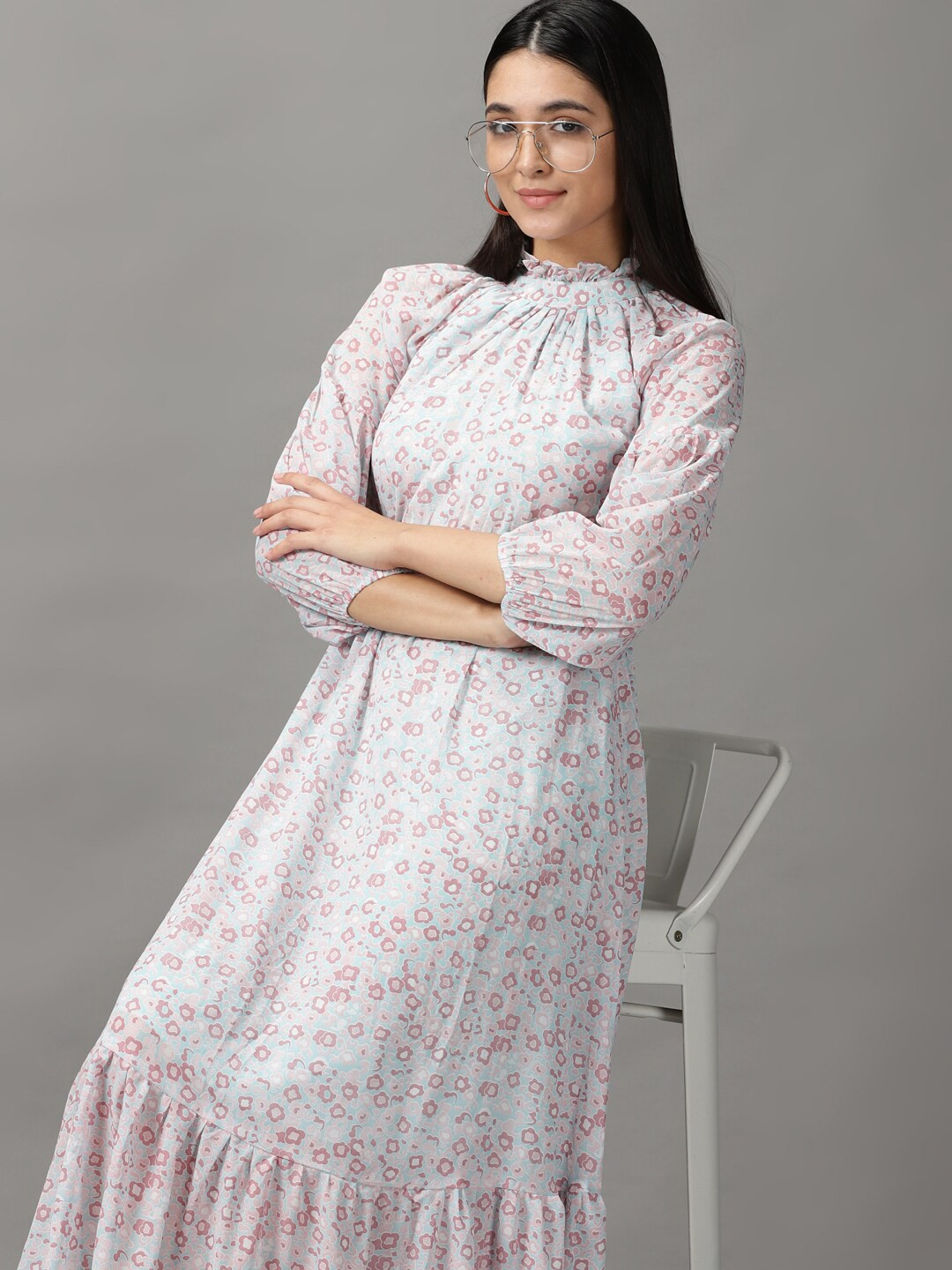 SHOWOFF Women Blue & Pink Floral Chiffon Maxi Midi Dress