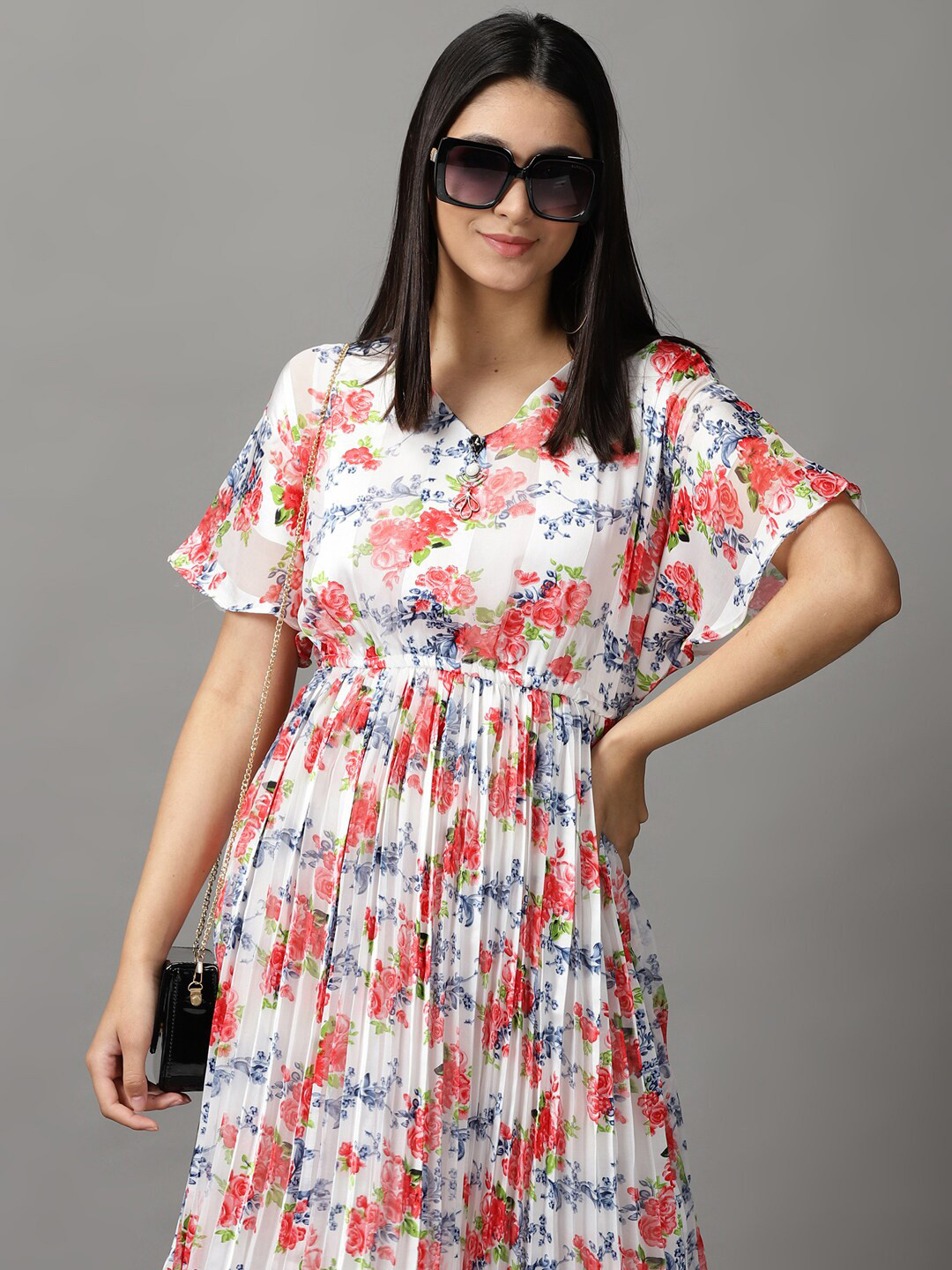 SHOWOFF Women White & Coral Floral Printed Midi Dress