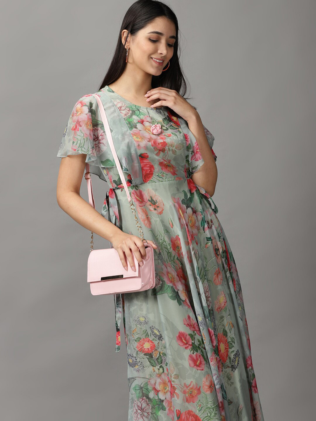 SHOWOFF Sea Green & Coral Floral Ruffles Maxi Dress