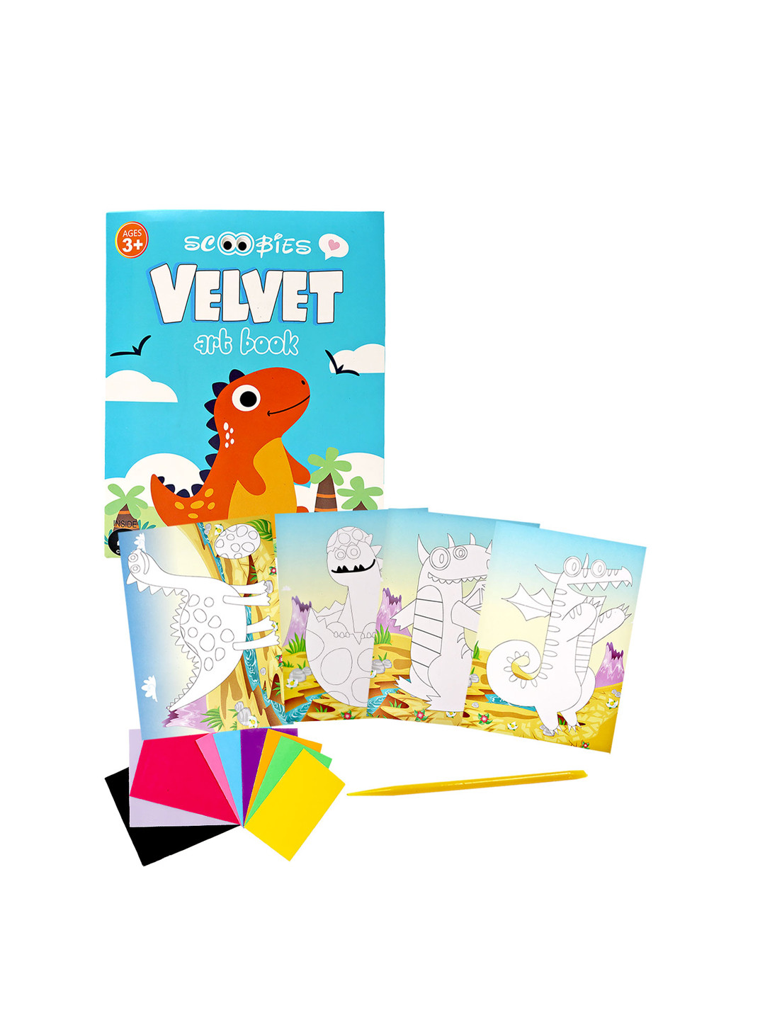 SCOOBIES Velvet Art Book | Dinosaur Craft Kit with Velvet Sheets & Stylus