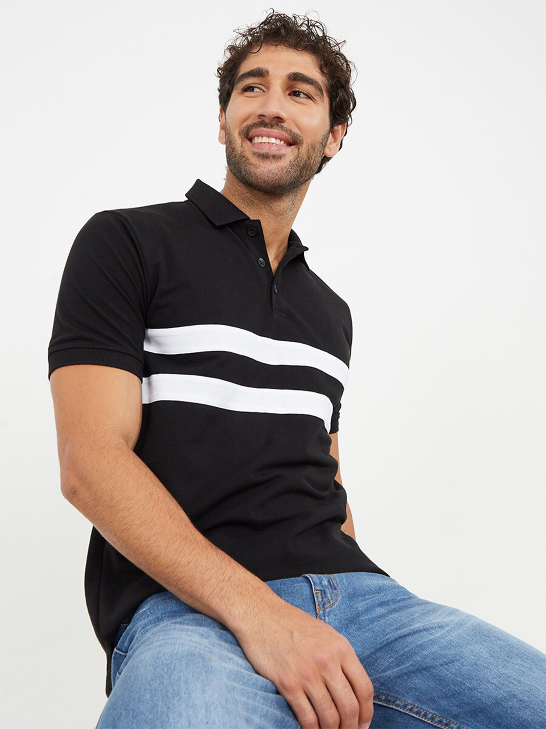 Styli Striped Panel Regular Fit Polo