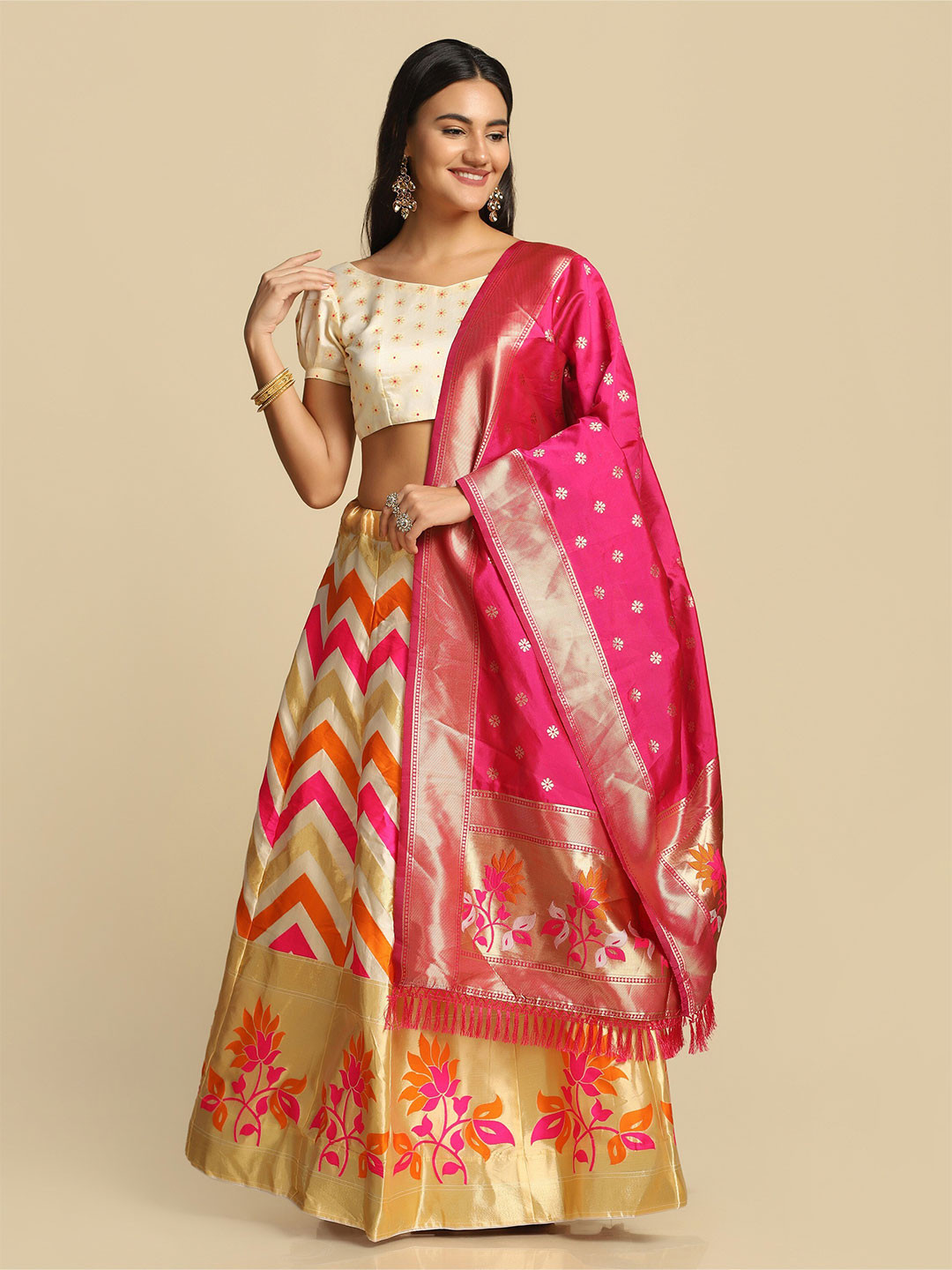 Warthy Ent Women White & Pink Semi-Stitched Lehenga & Unstitched Blouse With Dupatta