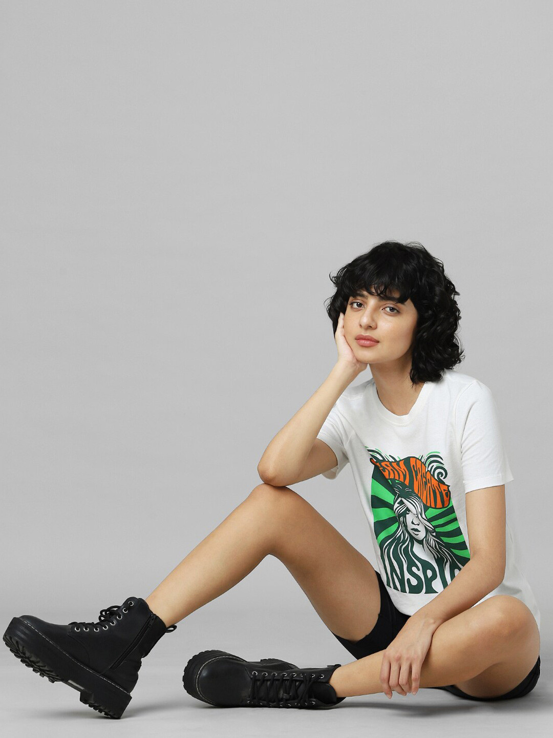 ONLY Women White Printed Cotton T-shirt