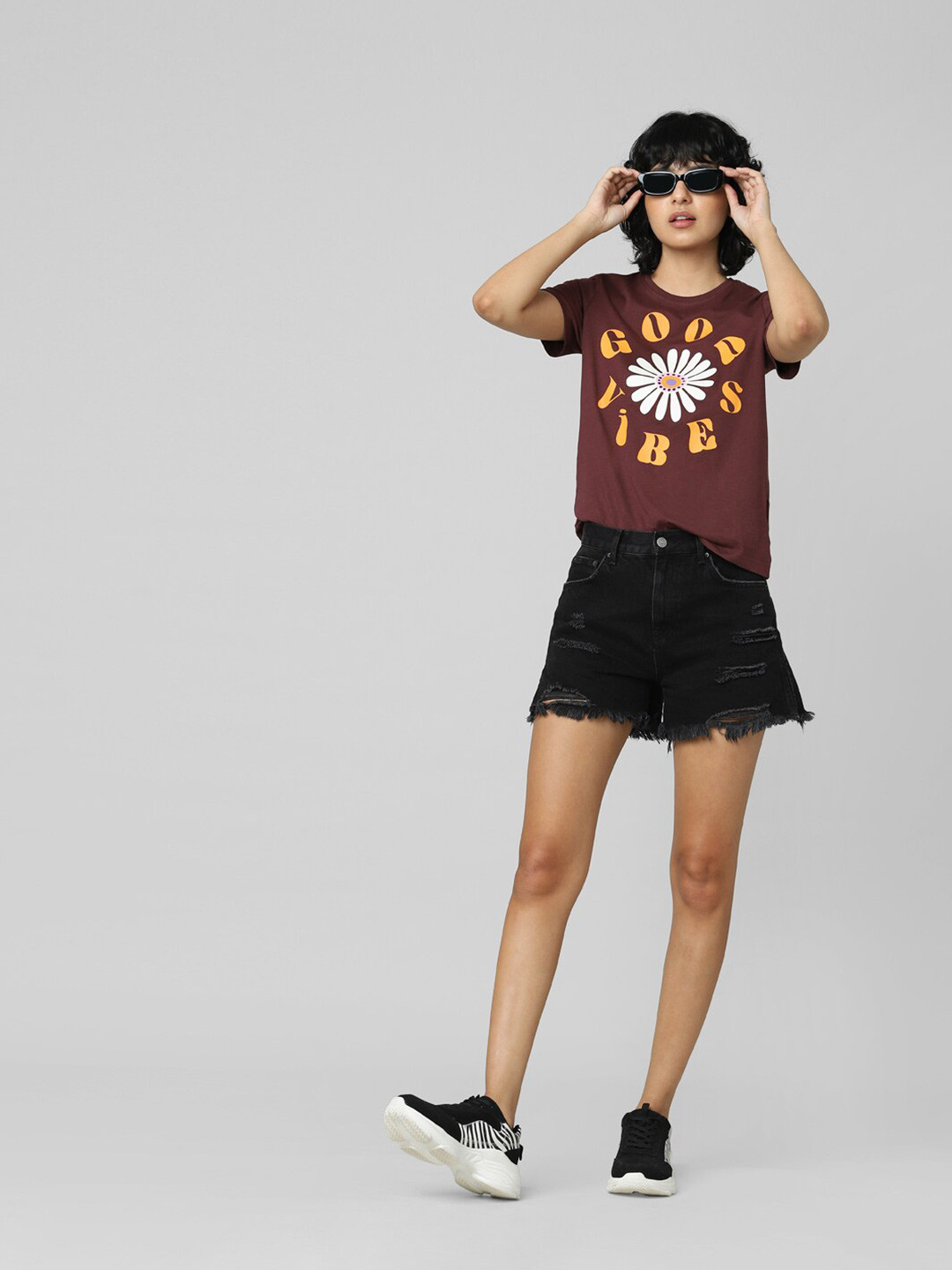 ONLY Women Brown Printed Cotton T-shirt