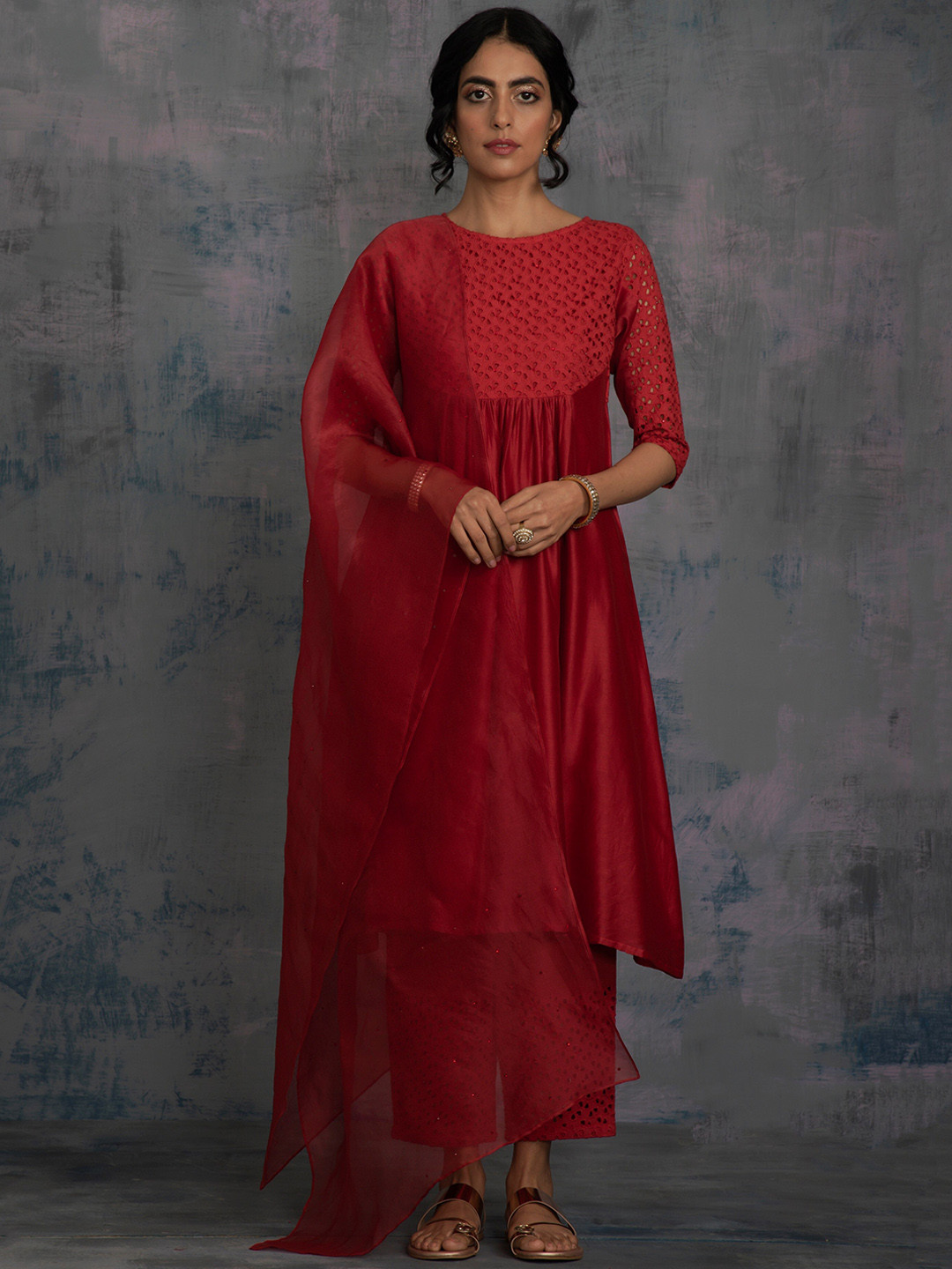 charkhee Women Red Yoke Design Chanderi Silk A-Line Kurta with Trousers & With Dupatta
