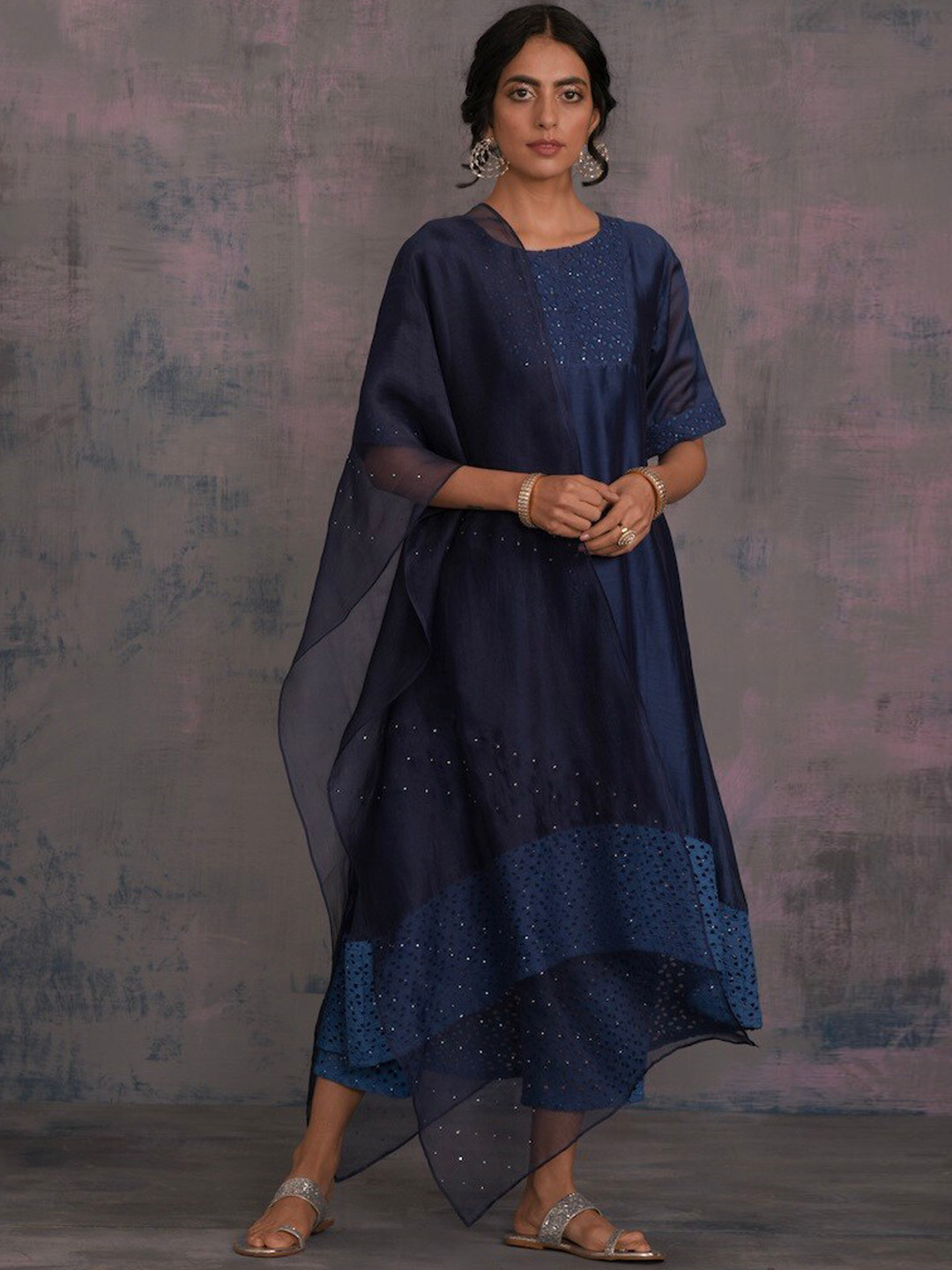 charkhee Women Navy Blue Yoke Design Chanderi A-Line Kurta with Pyjamas & With Dupatta