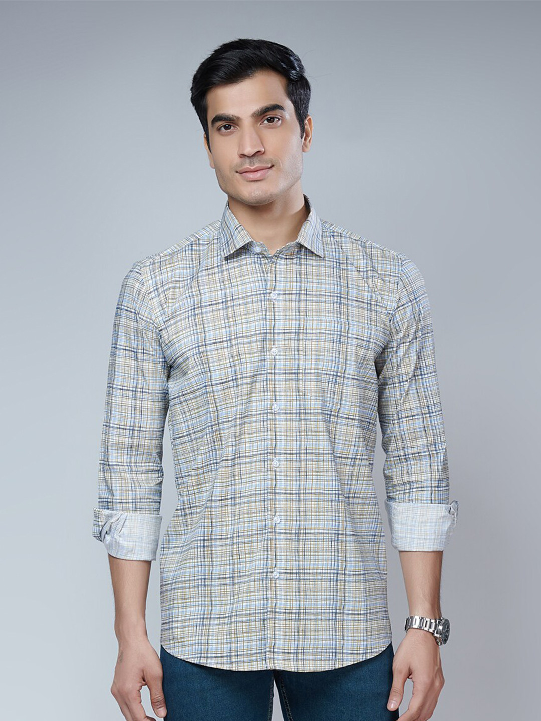 MARK & ALBERT Men Yellow Classic Slim Fit Checked Cotton Casual Shirt