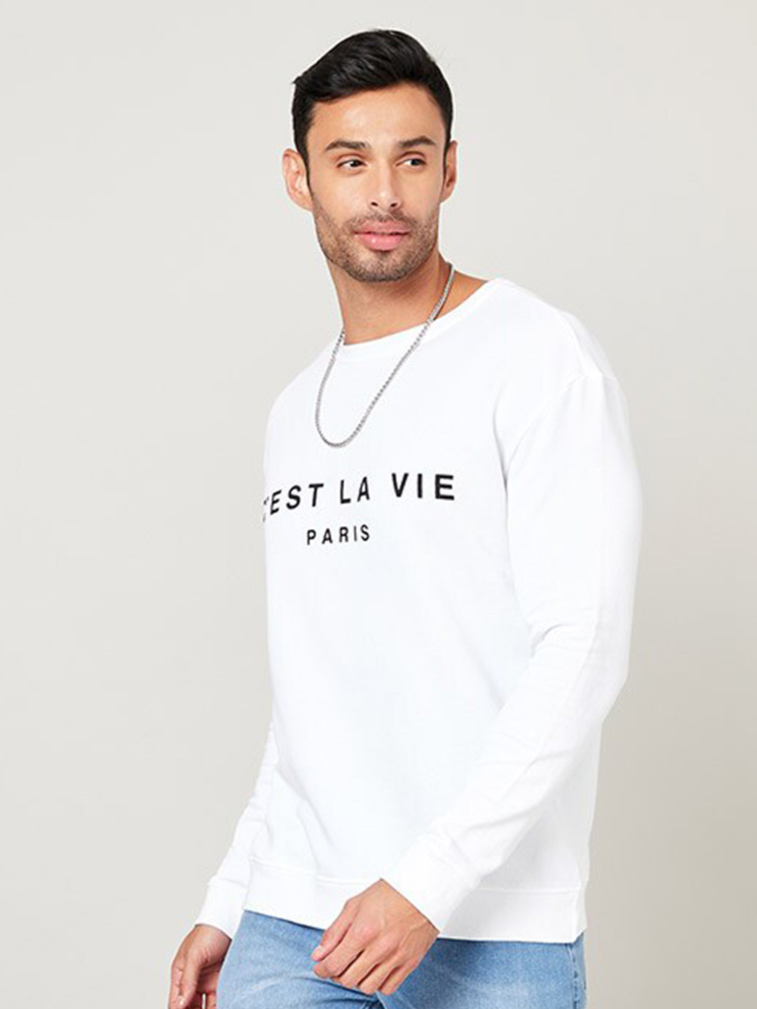 Styli Men Typography Print Pure Cotton Boxy Casual Pullover Sweatshirt