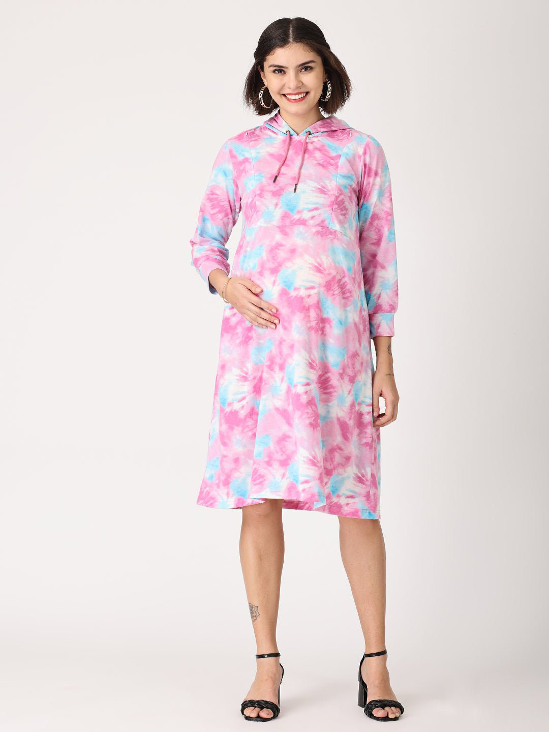 The Mom Store Pink & Blue Tie and Dye Pure Cotton Maternity A-Line Dress