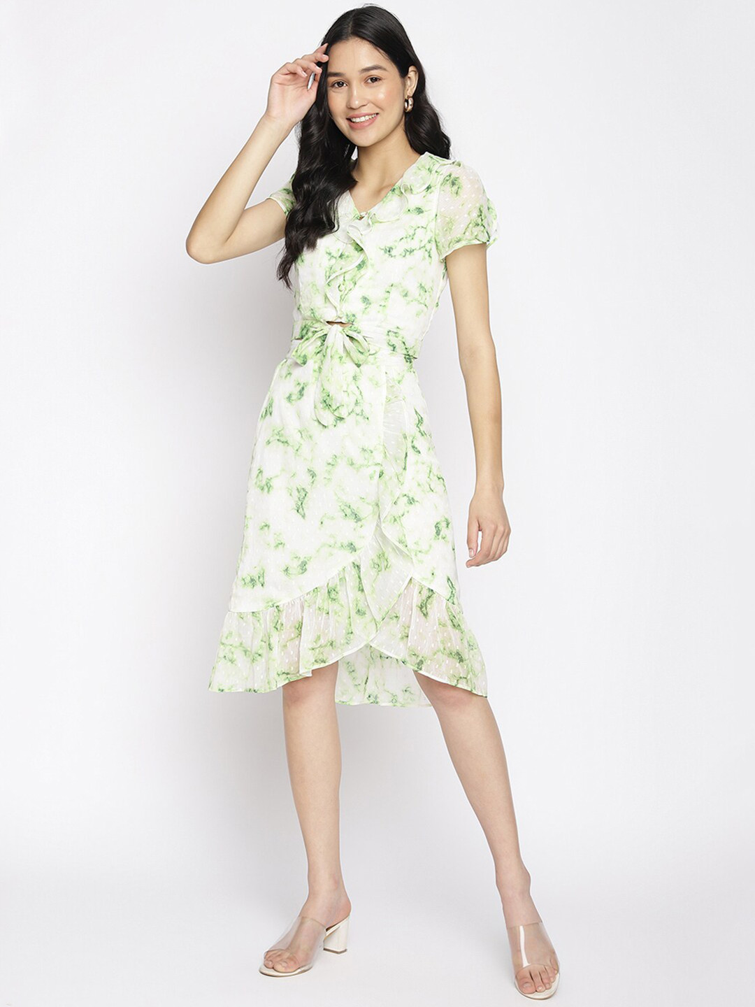 Latin Quarters Green & White Abstract Printed Ruffled Dress