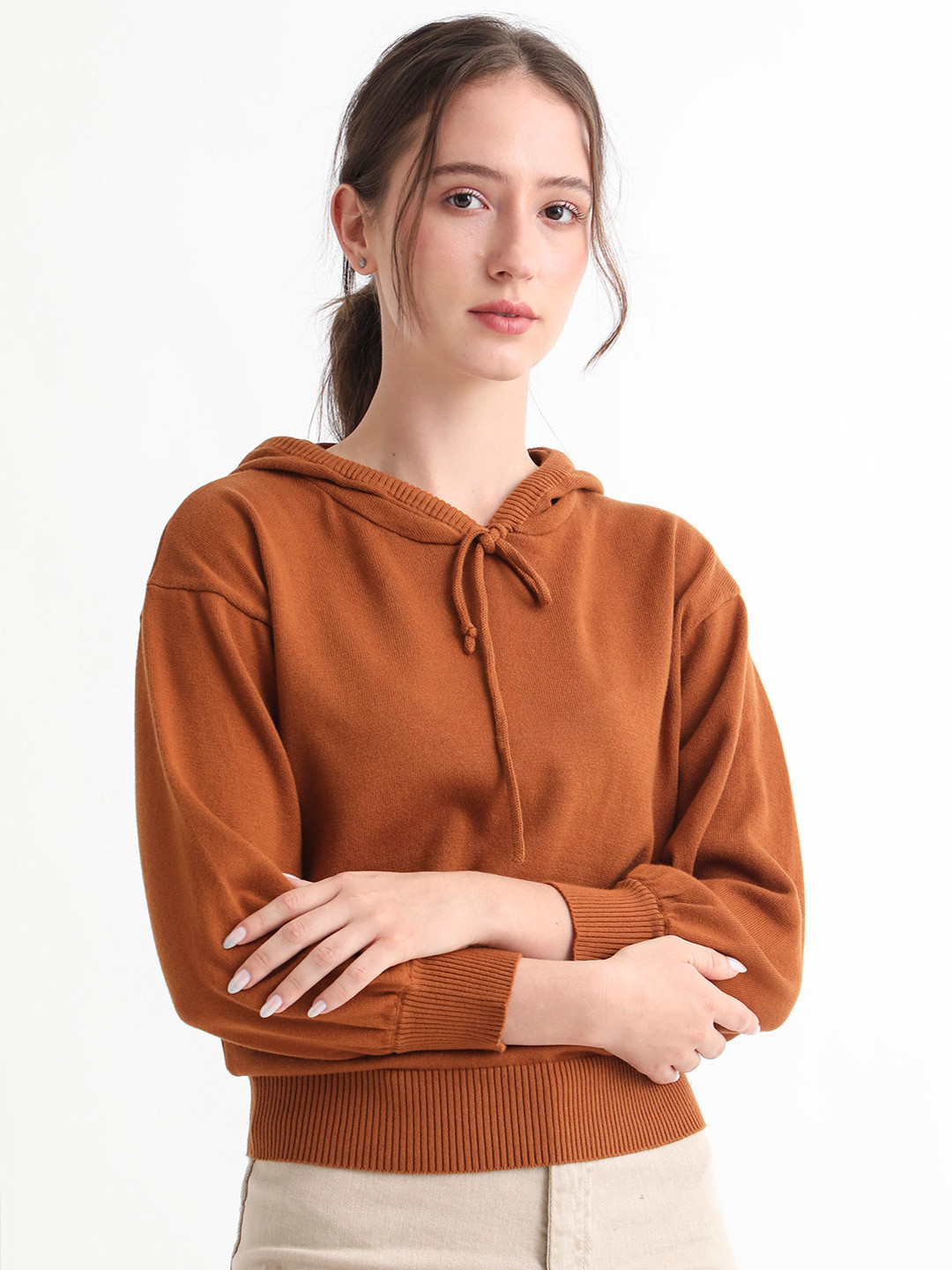 RAREISM Women Rust & Brown Crop Cotton Pullover Sweater