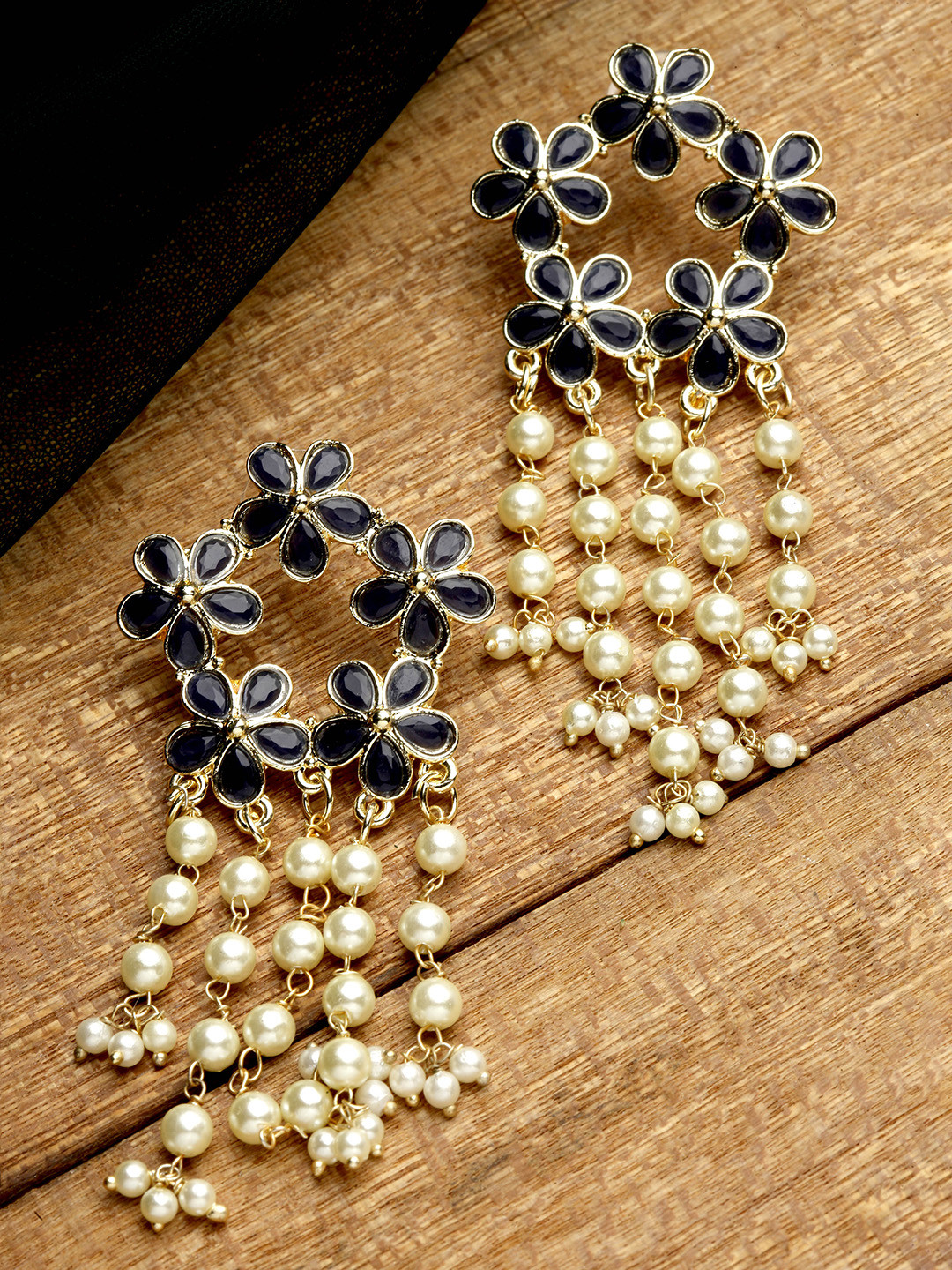 KARATCART Women Gold Plated Navy Blue Floral Drop Earrings