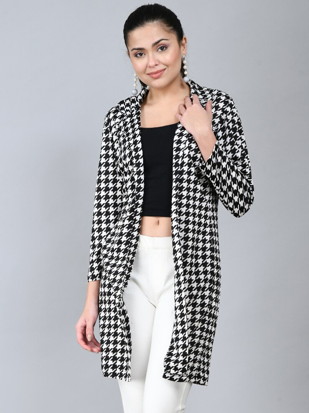 IUGA Women Black & White Checked Longline Shrug