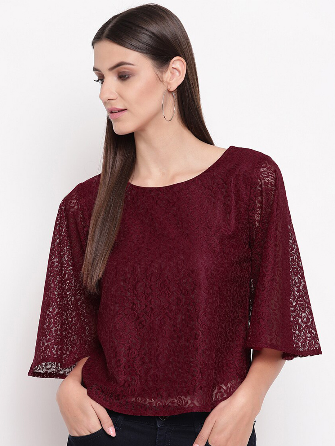 AKIMIA Women Burgundy Net Top